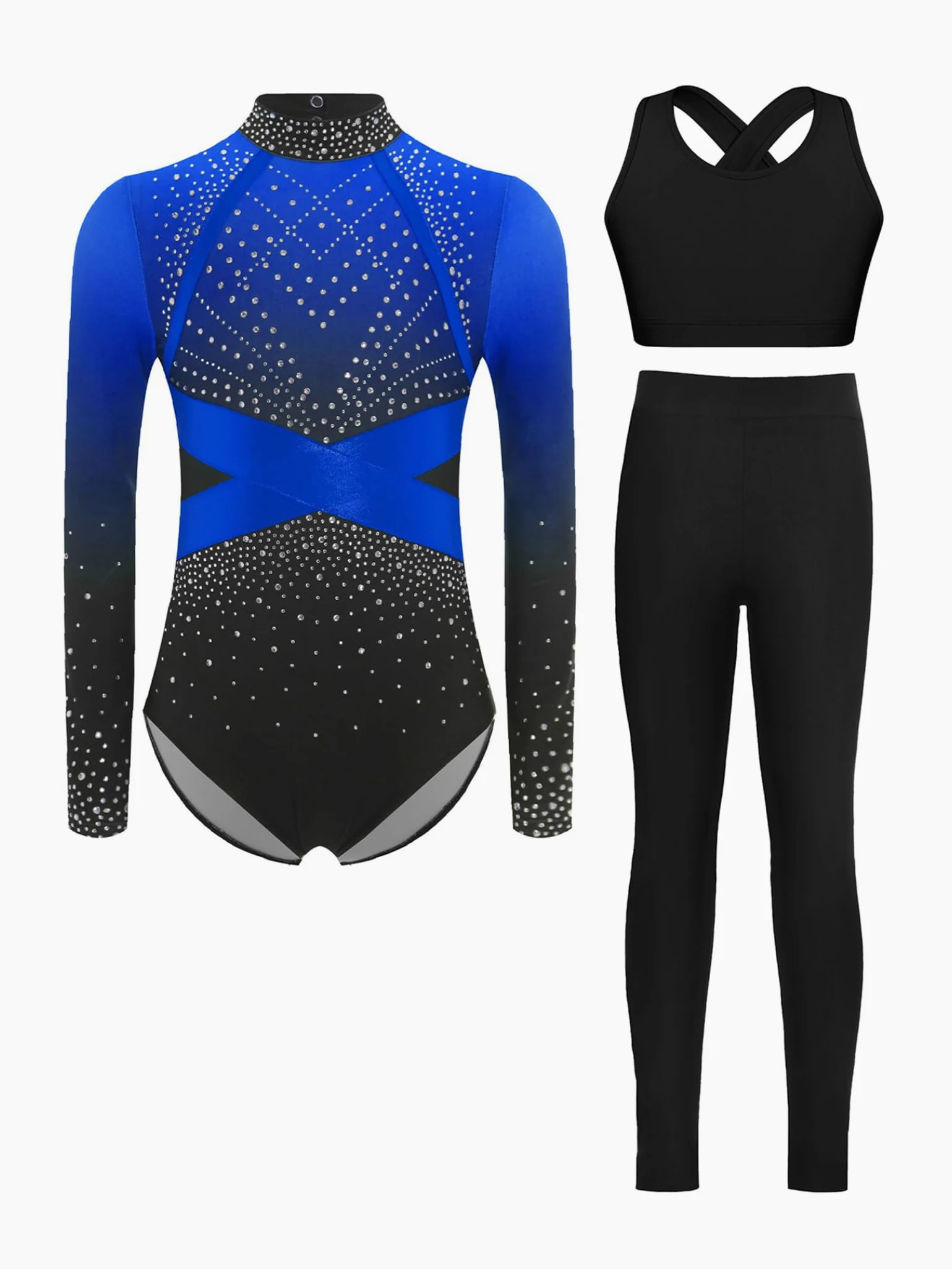 Piezas De Traje De Gimnasia Con Destellos Para Niñas Leotardos De Gimnasia De Manga Larga Tops De Deporte Brasier Y Pantalones Traje De Baile Para Azul 13-14 años