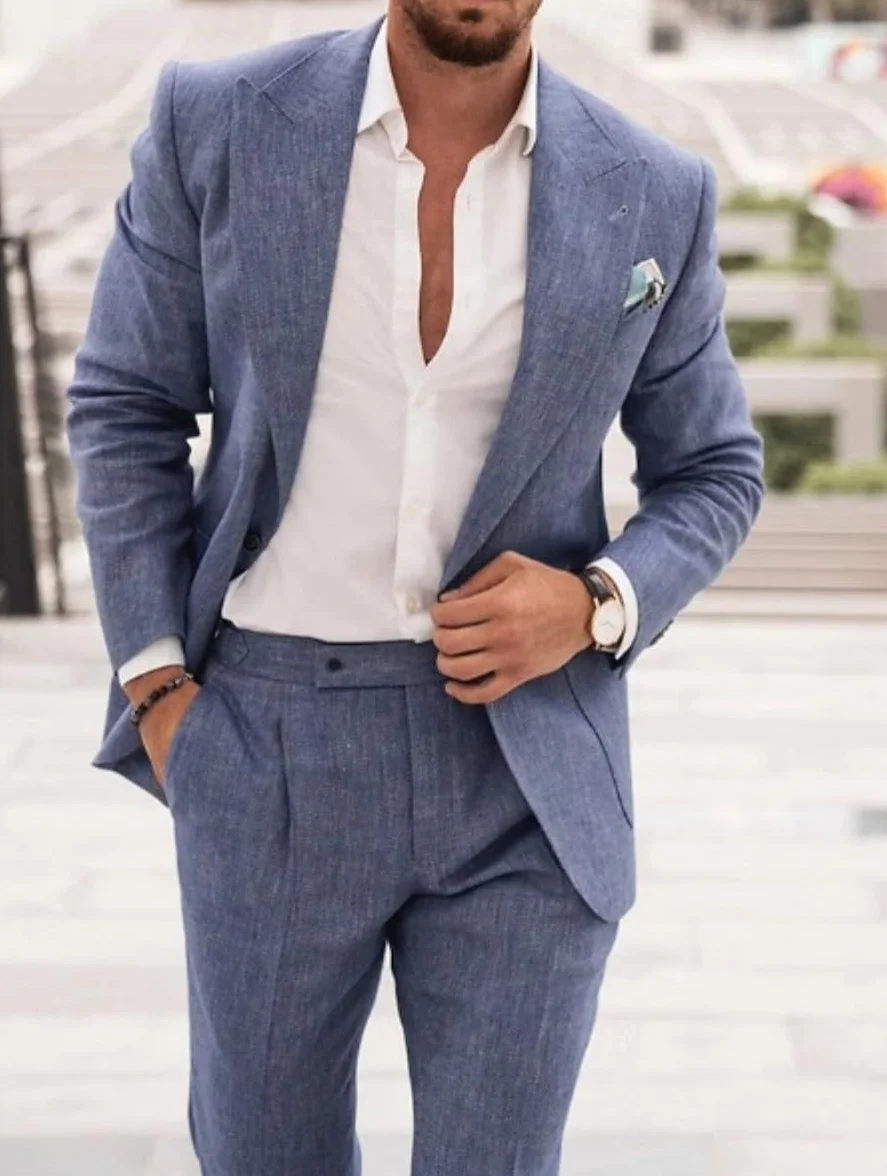 Conjunto de traje de lino para hombre, esmoquin casual, 2 piezas, blazer de ajuste regular, chaqueta y pantalones sólidos con un botón, para graduación, boda, fiesta