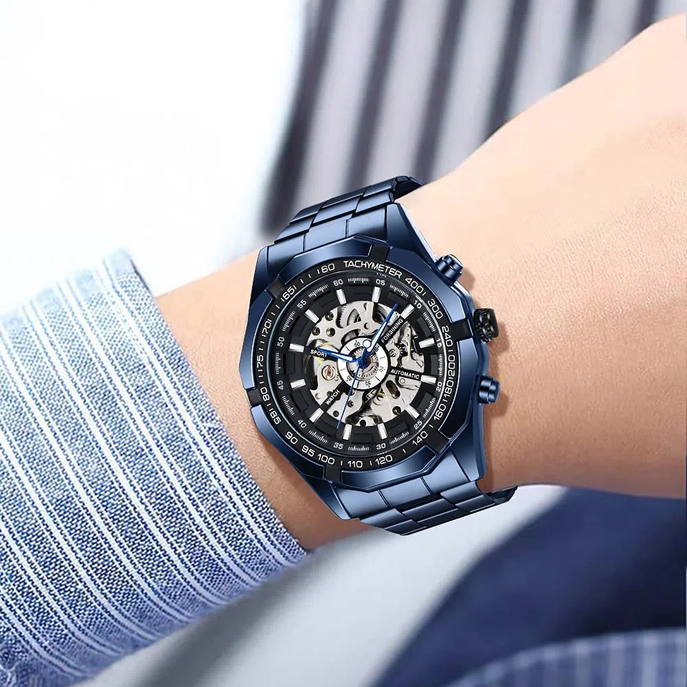 Acero inoxidable impermeable para hombre esqueleto relojes Top marca lujo transparente deporte mecánico
