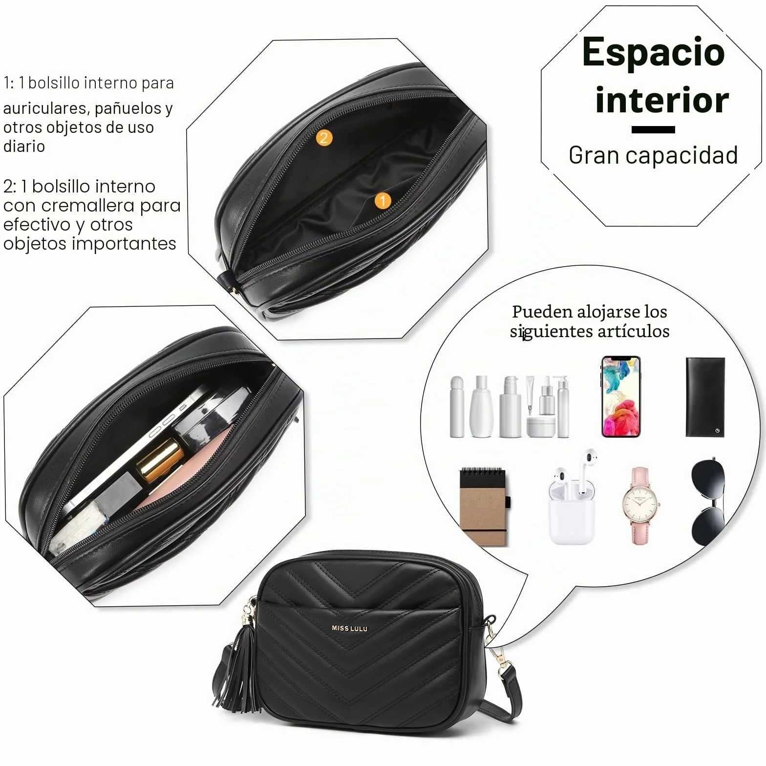 Miss Lulu Bolso bandolera mujer, bolsos mujer pequeño, bolso mujer de piel auténtica, bolso crossbody