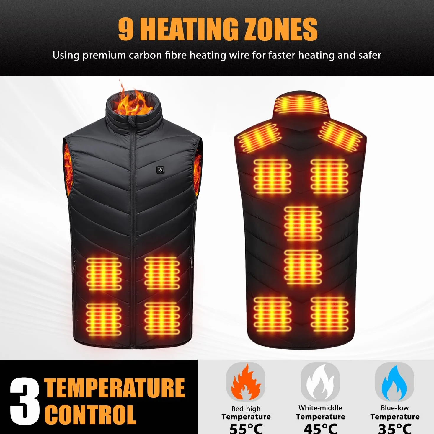 Tiazhan Chaleco Calefactable, Beheizbare Weste con Powerbank/9 Zonas, Chaqueta Calefactable Ligera y Recargable, Chaqueta Calefactable Iteligente, para Hombre/Mujer