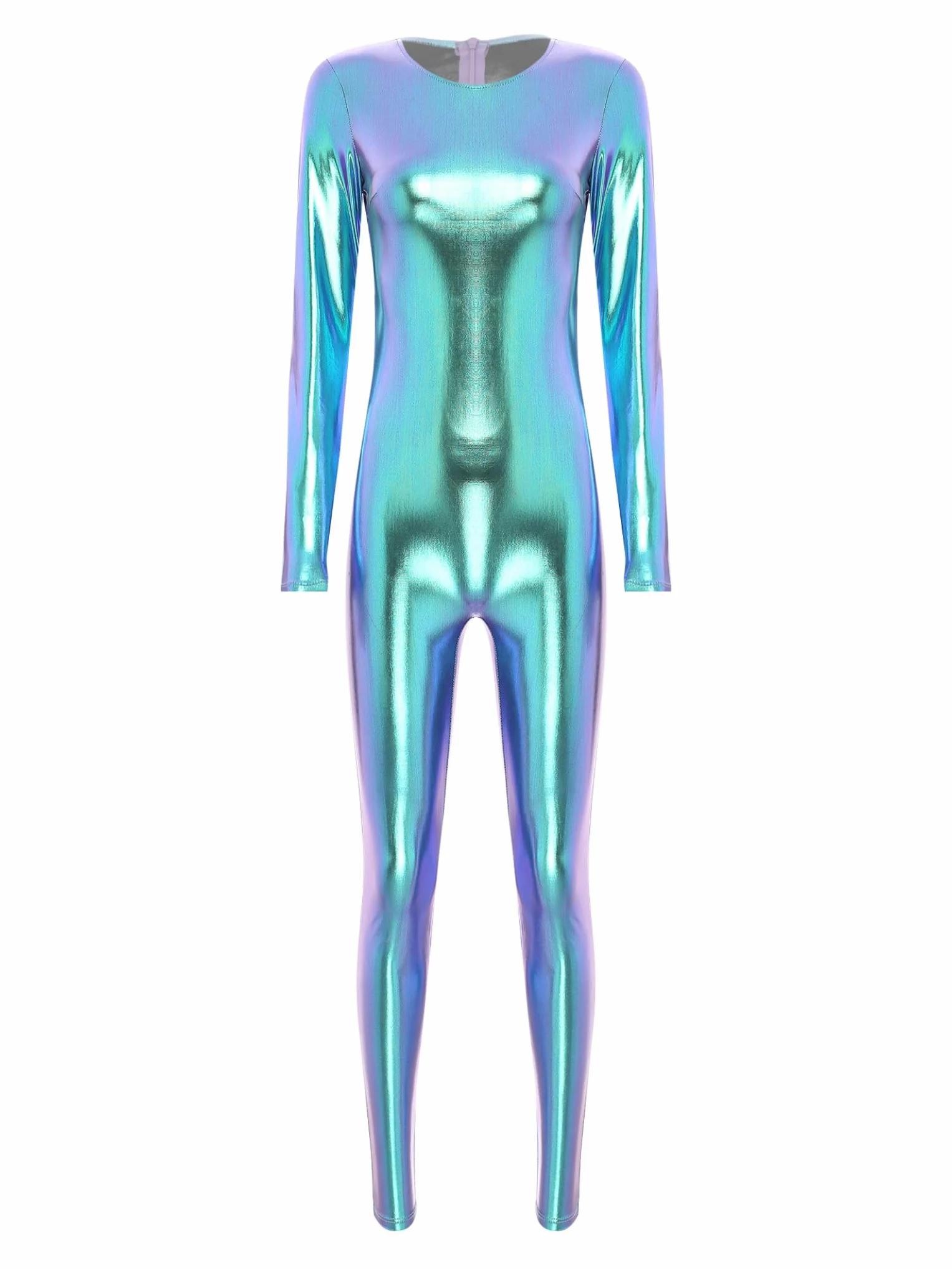 Mono de Gimnasia Rítmica para Mujer Brillante Metálico Largo Cuello Redondo Jumpsuit Traje Cuerpo Entero