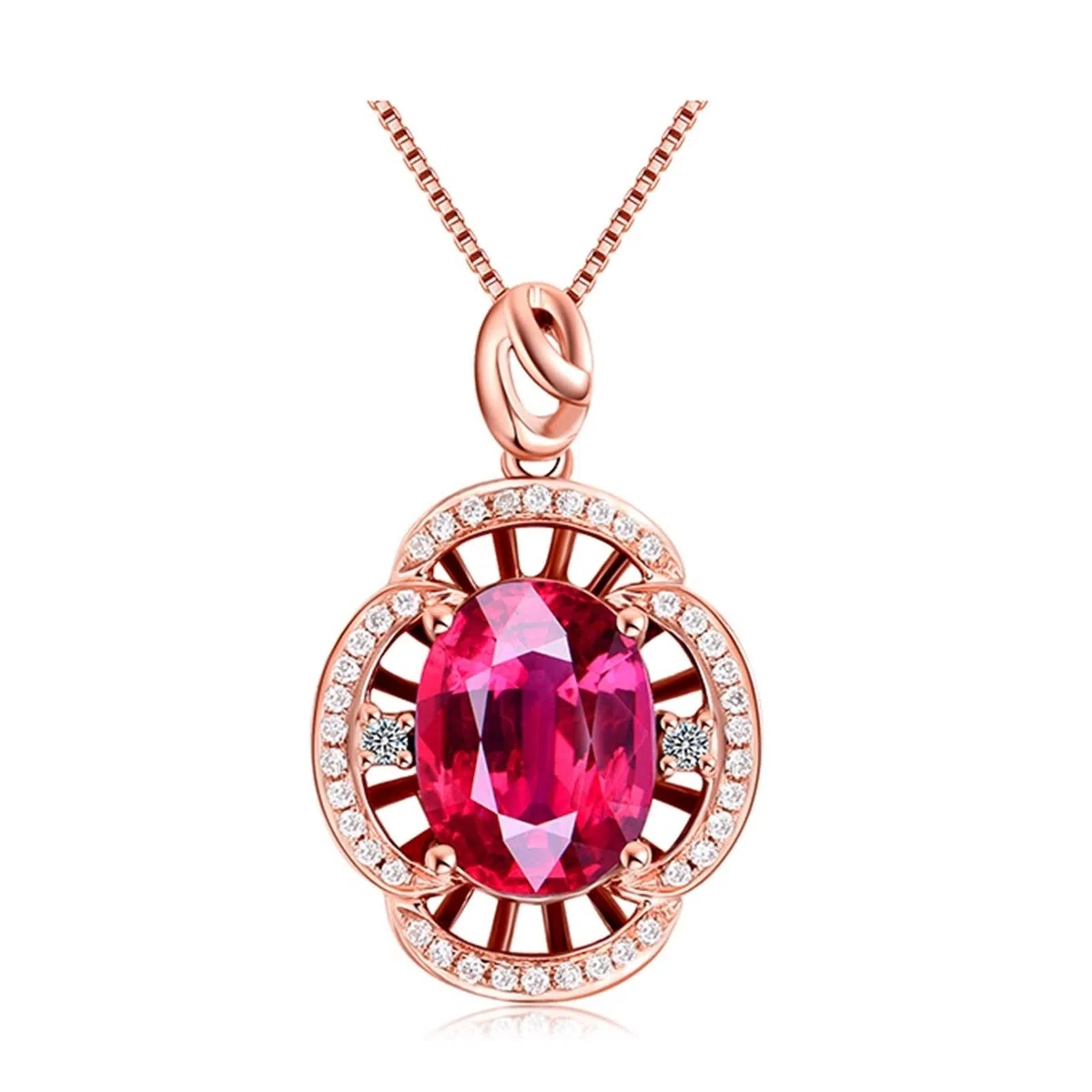 Collar de oro rosa con diamantes, kit de collar de flores con turmalina ovalada de 2,5 quilates Vvs1-Vvs2 14 x 22 mm, bonitos regalos para mujer, 14x22MM, Oro rosa de 18 quilates, Turmalina