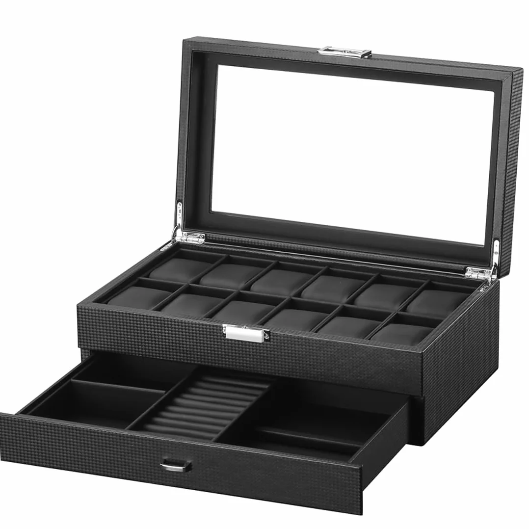 Caja para relojes con 2 niveles, caja de almacenamiento para relojes con tapa de cristal, caja de joyas, 12 compartimentos y 1 cajón para relojes, anillos, pulseras, Fibra de carbono--w60b