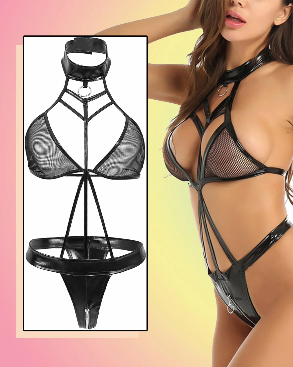 Body Sexy Curvy Bodis de Red Una Pieza Halter Cuello Bodysuit de Rejillas Mono Ropa Interior Semi-transparente Lencería