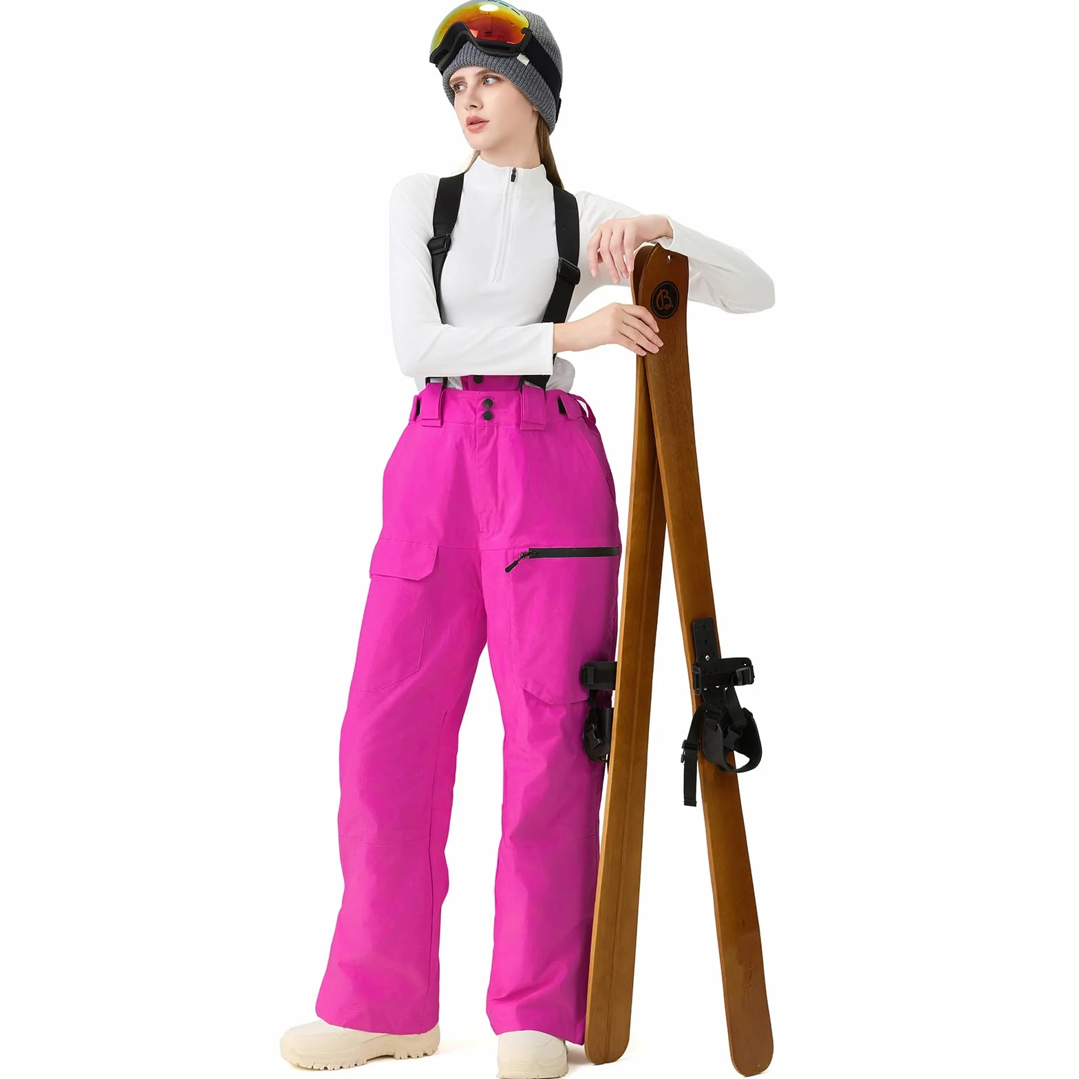 ALSOGO Pantalones de esquí para mujer, impermeables, aislados, para invierno, snowboard, tirantes ajustables, pantalones de nieve, resistentes al viento, pantalones cálidos para exteriores