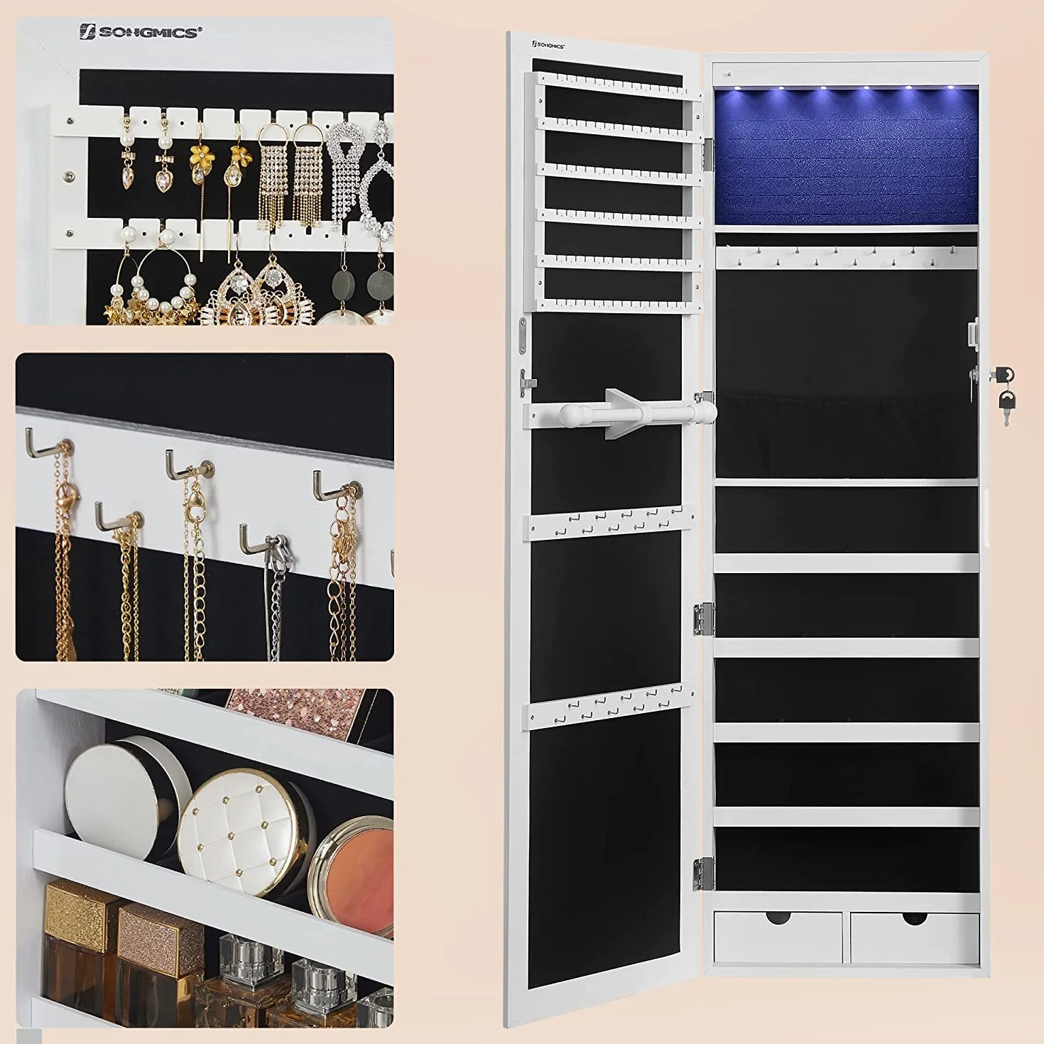 SONGMICS Armario para Joyas, Espejo Joyero de Pared, con Luces LED y Cierre, Organizador de para Pendiente, Collar, Espejo y Varios Compartimentos, Blanco con Vetas de Madera JBC93W