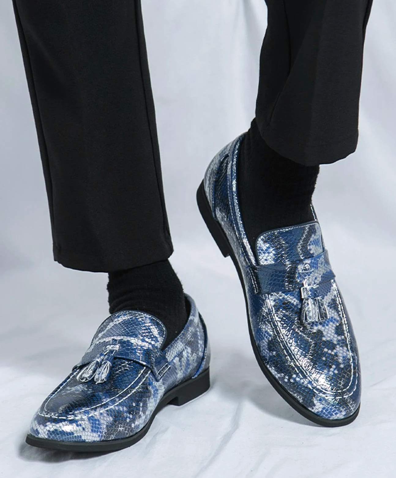 Mocasines de Hombre con Borlas Estampado de Serpiente Zapatos de Vestir Piel Sintética Deslizables Elegantes Boda Negocios Casual