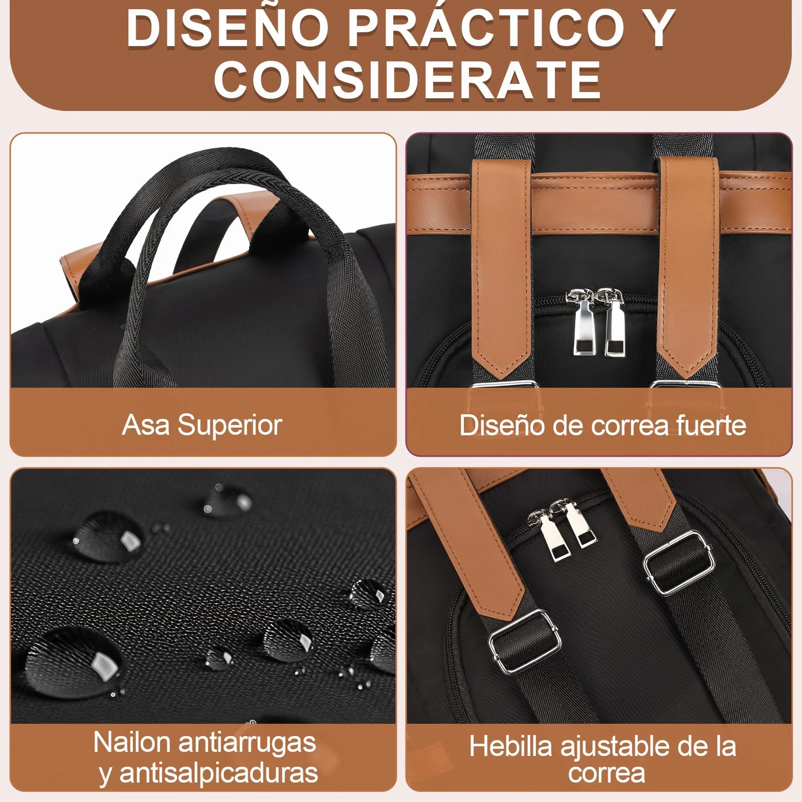 Eshow Mochila Mujer Antirrobo, Bolso Casual con Correa Ajustable y Asa Superior, Bandolera Multifuncional para Uso Diario Trabajo Viaje Escuela Compras y Universidad Negra