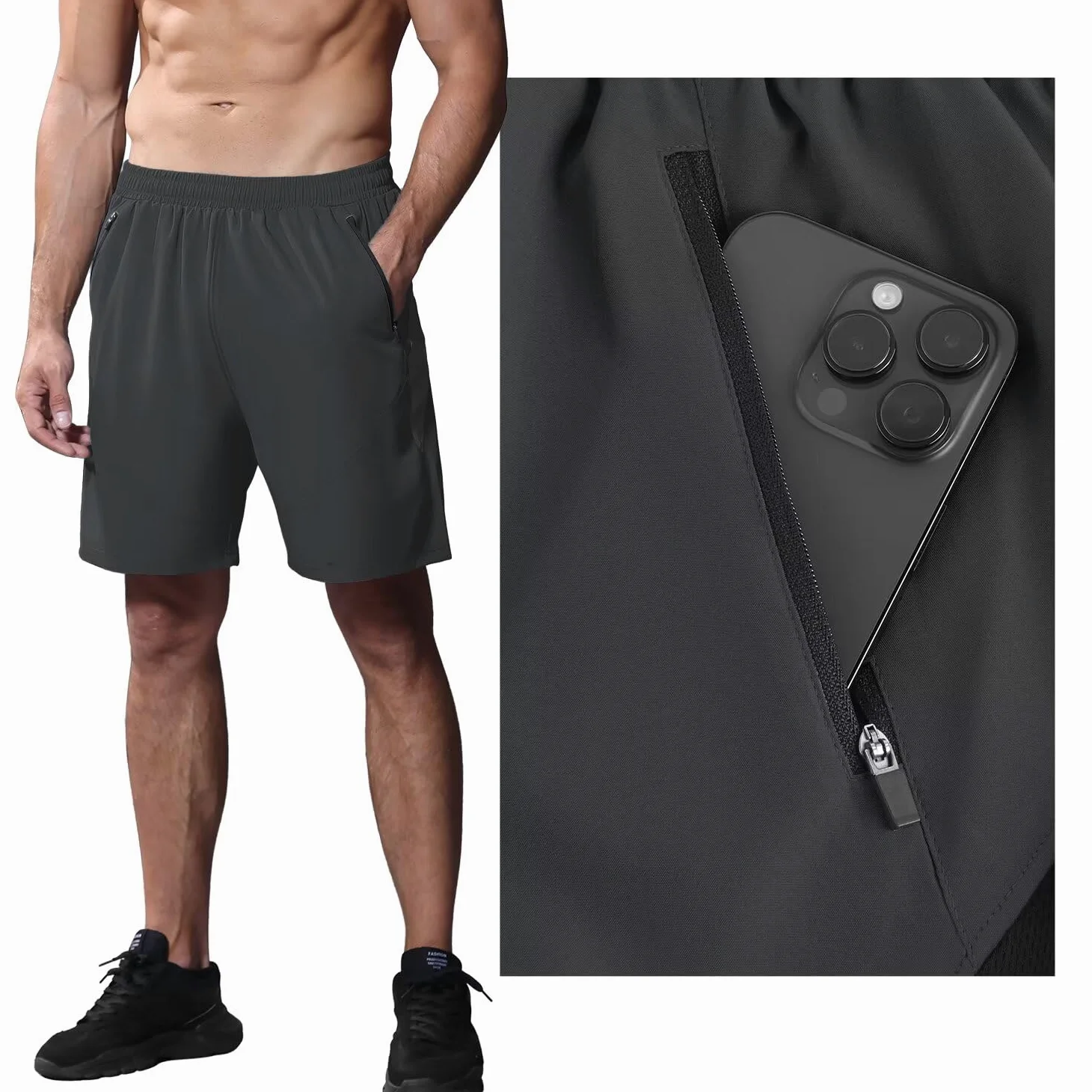 Pantalones Cortos Hombre Running Transpirable Shorts Deportivos Secado Rápido Pantalón Correr con Bolsillo con Cremallera