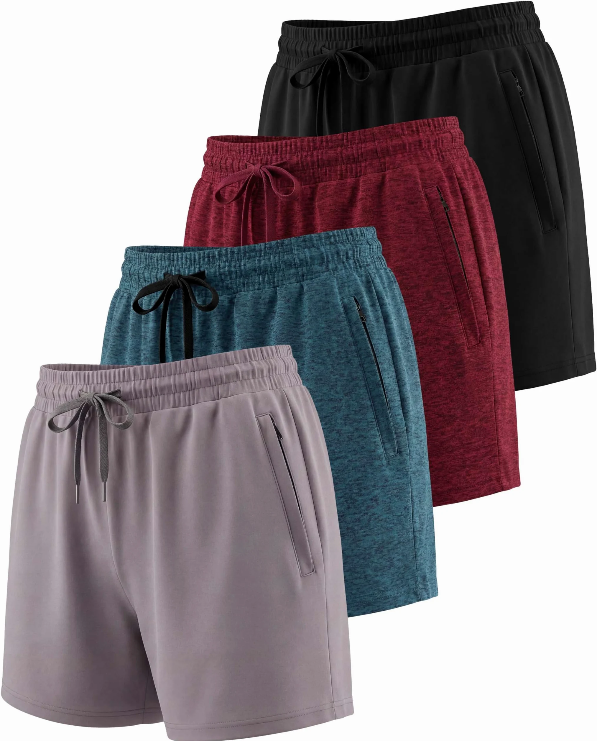 Real Essentials Paquete de 4: pantalones cortos deportivos para mujer con bolsillos con cremallera (disponible en tallas grandes), Set 5, Large