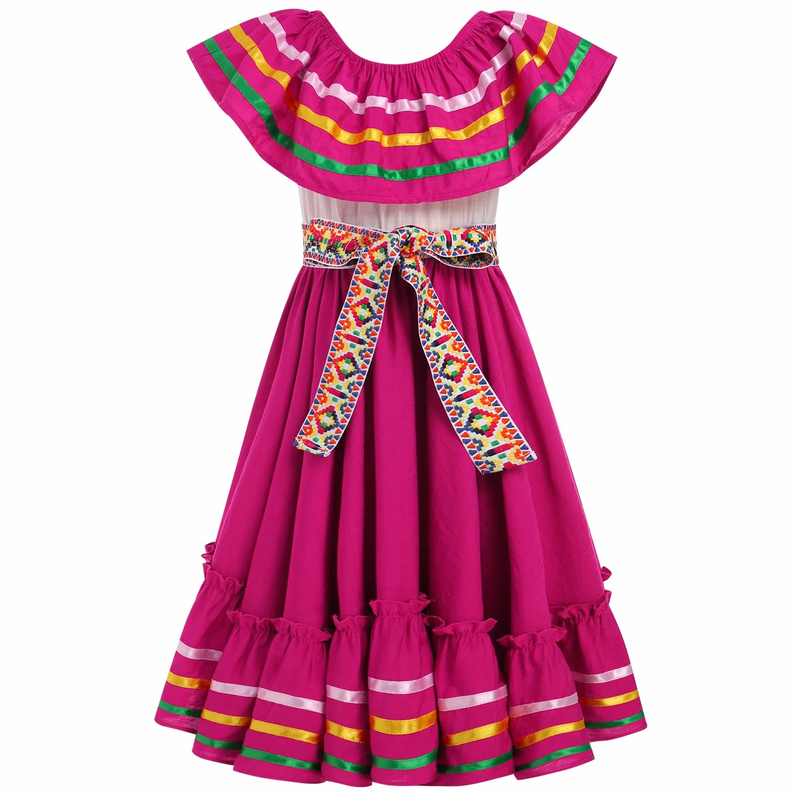 OMEWEE Vestido tradicional mexicano para niñas con cinturón, trajes de indios mexicanos, sin mangas, con volantes, vestido de fiesta cultural mexicana