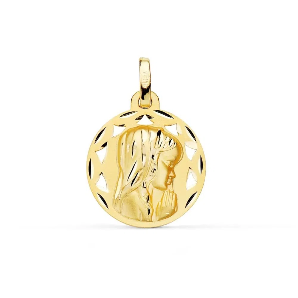 Virgen Niña medalla oro 18k Primera Comunión colgante 18mm. detalles calados tallados