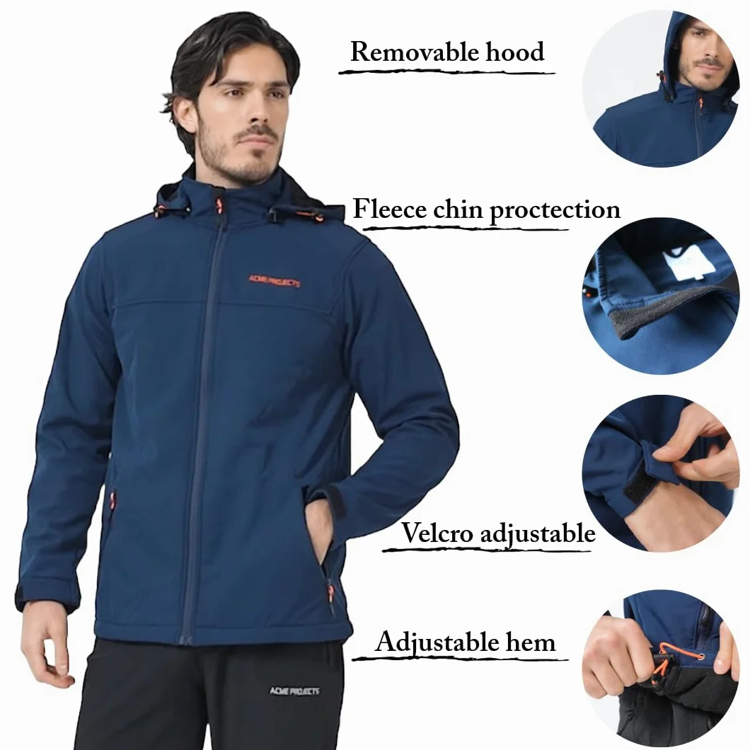 Acme Projects Chaqueta Softshell Forrada de vellón para Hombres con Capucha Desmontable, Impermeable, Transpirable, 8000 mm / 5000 g, Cremallera YKK