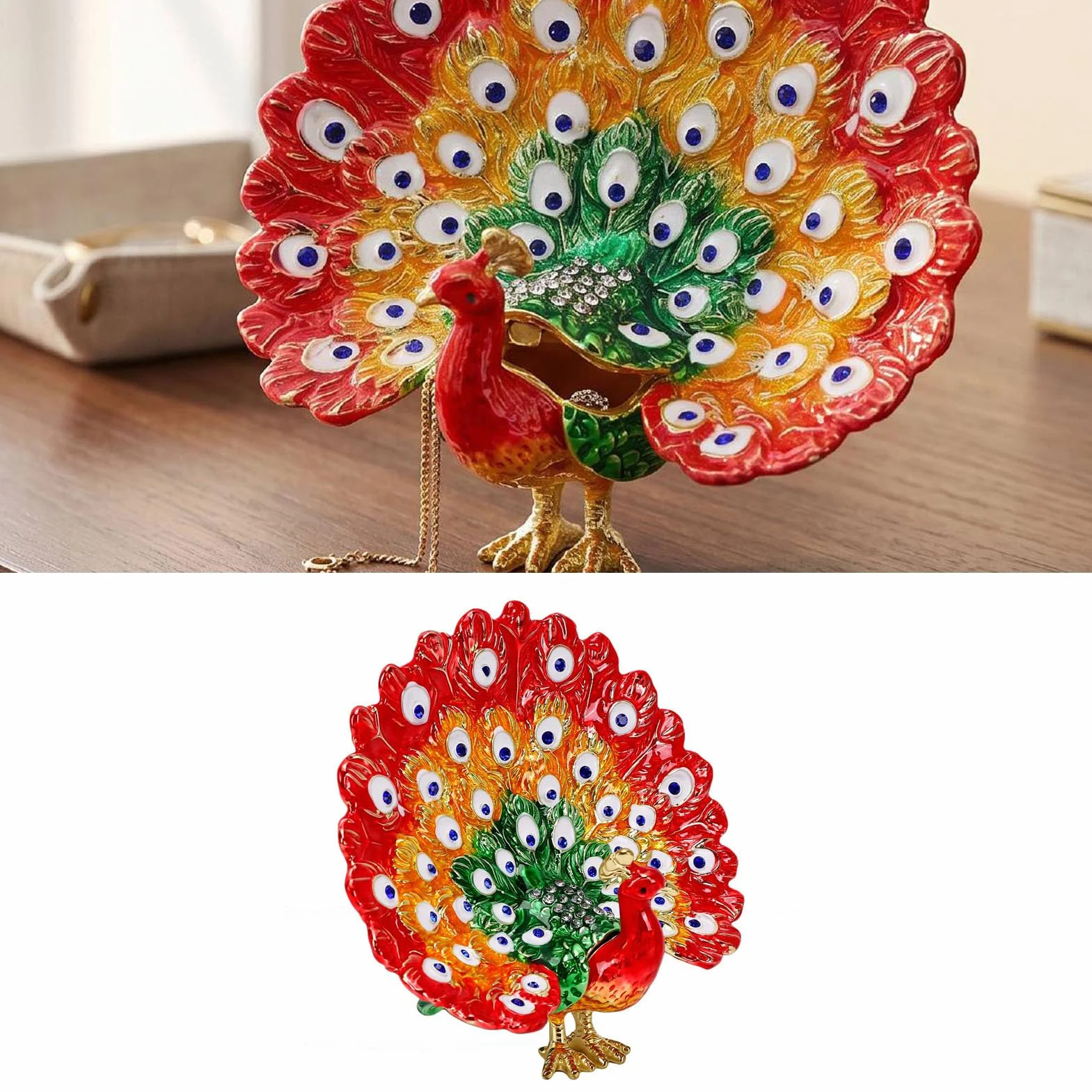 Luocute Caja de Baratija de Pavo Real Esmaltada, Joyero Pintado a Mano con Diamantes de Imitación y Cierre Magnético, para Decoración del Hogar (rojo)