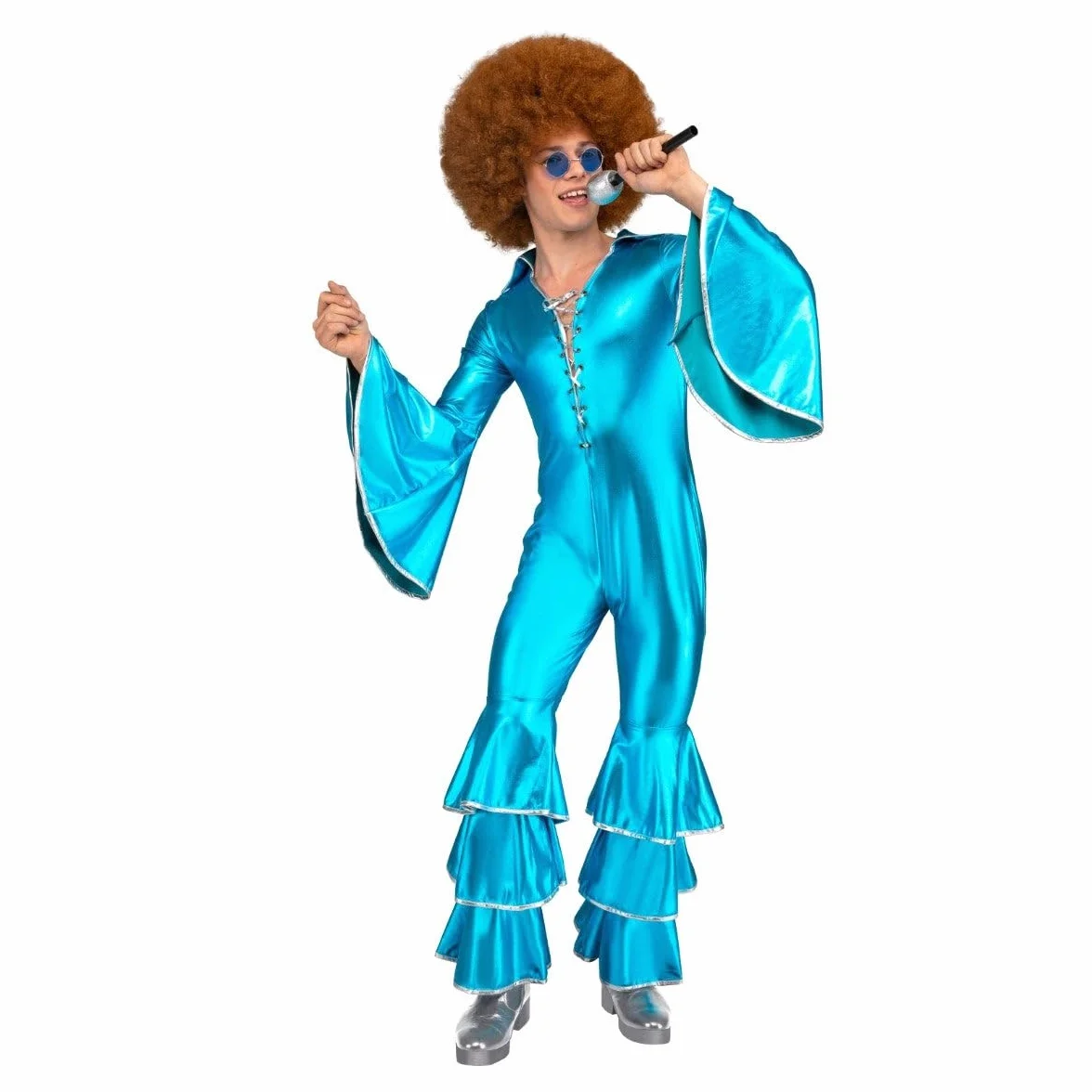 My Other Me Disfraz Disco Hombre Mono Azul Brillante Mangas Pantalones Acampanados Volantes Plateado