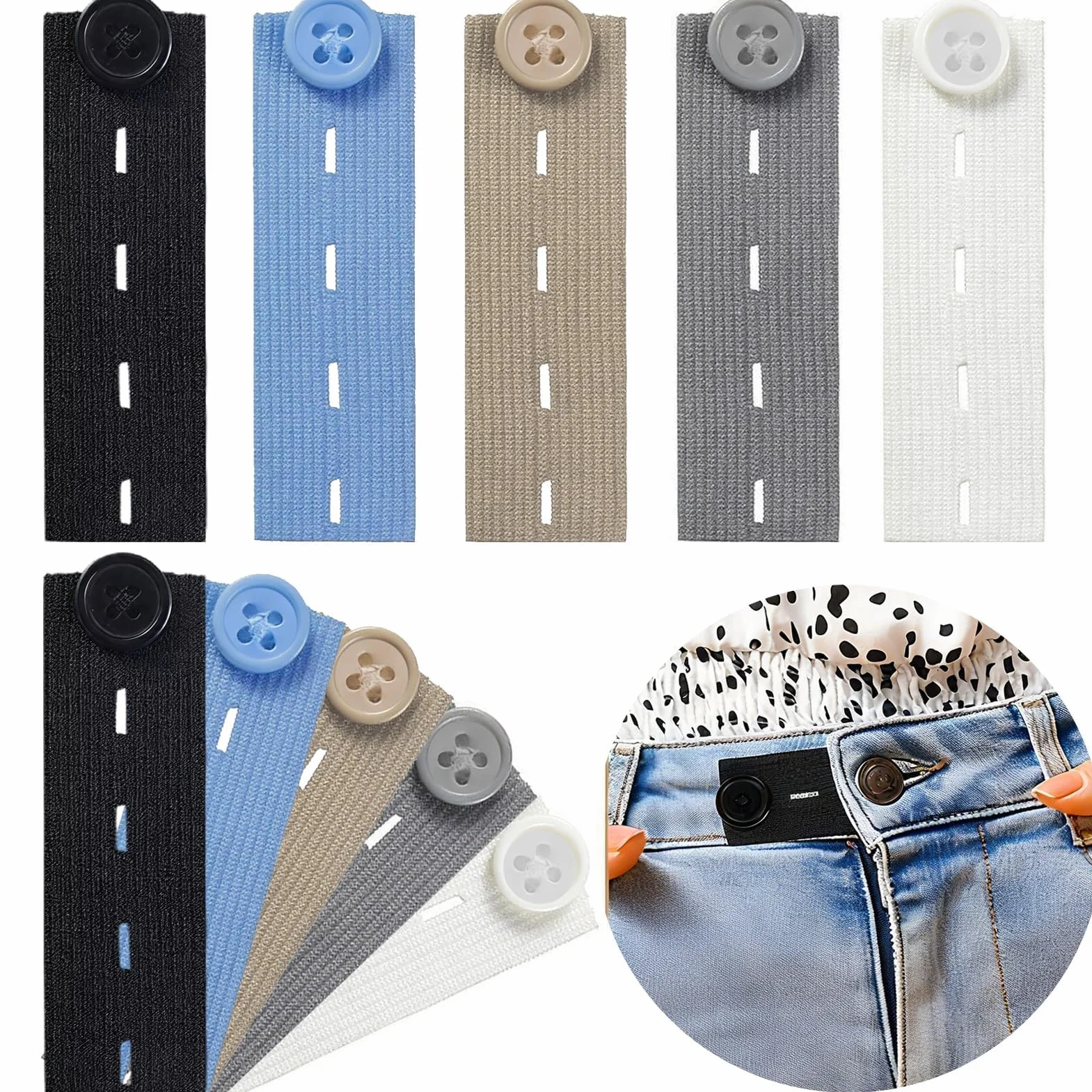 10 Piezas Extensor de Cintura para Pantalones, Botones Ajustables en Negro/Azul/Blanco/Caqui/Gris, Ideal para Embarazadas y Ajuste de Ropa, Alargador de Cintura para Hombre y Mujer