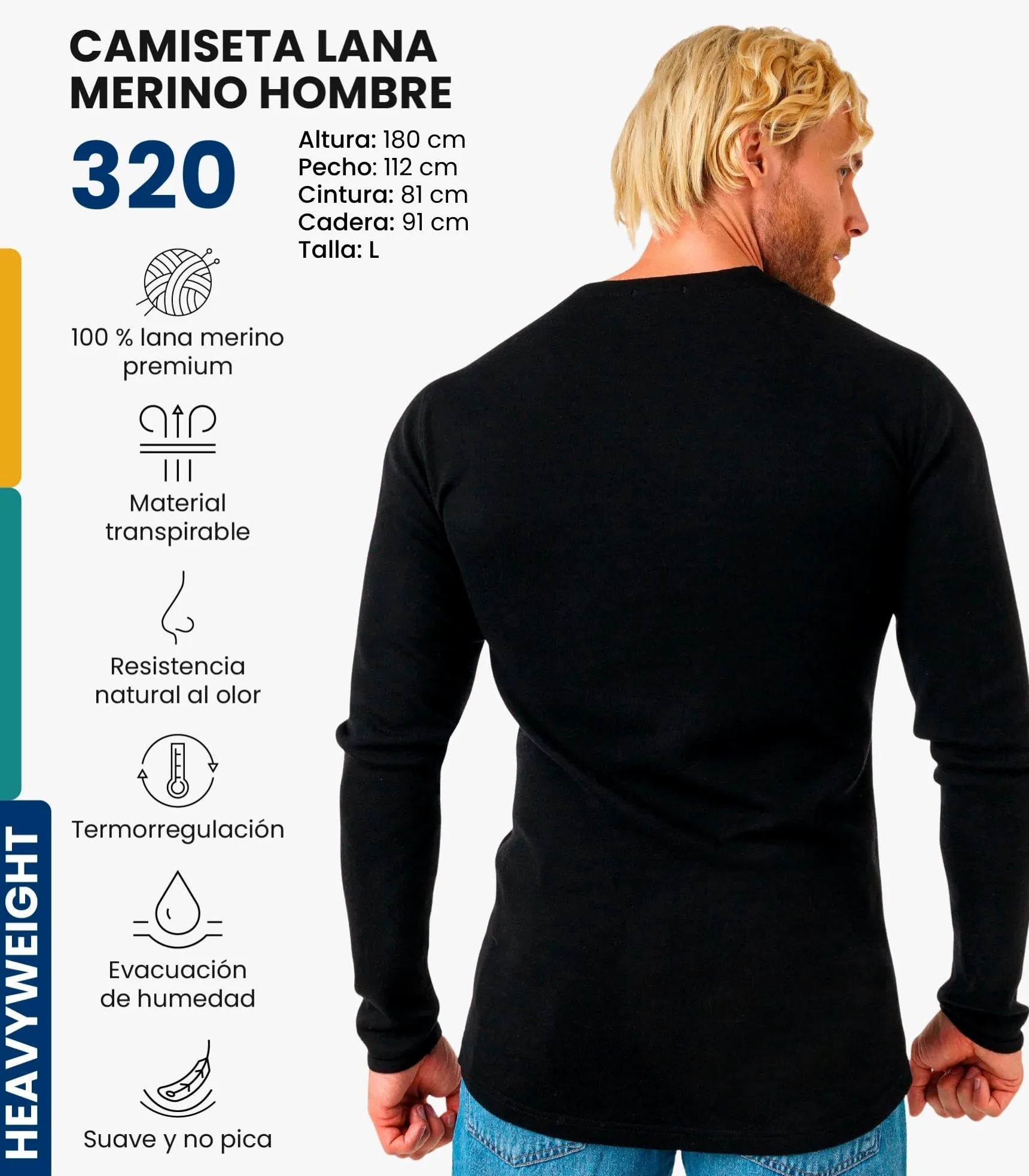 Merino.tech Camiseta Termica Lana Merino Hombre - Ropa Térmica 100% Lana | Absorbe humedad, capa base para todo el año. Pesos: Ligero, Medio y Pesado