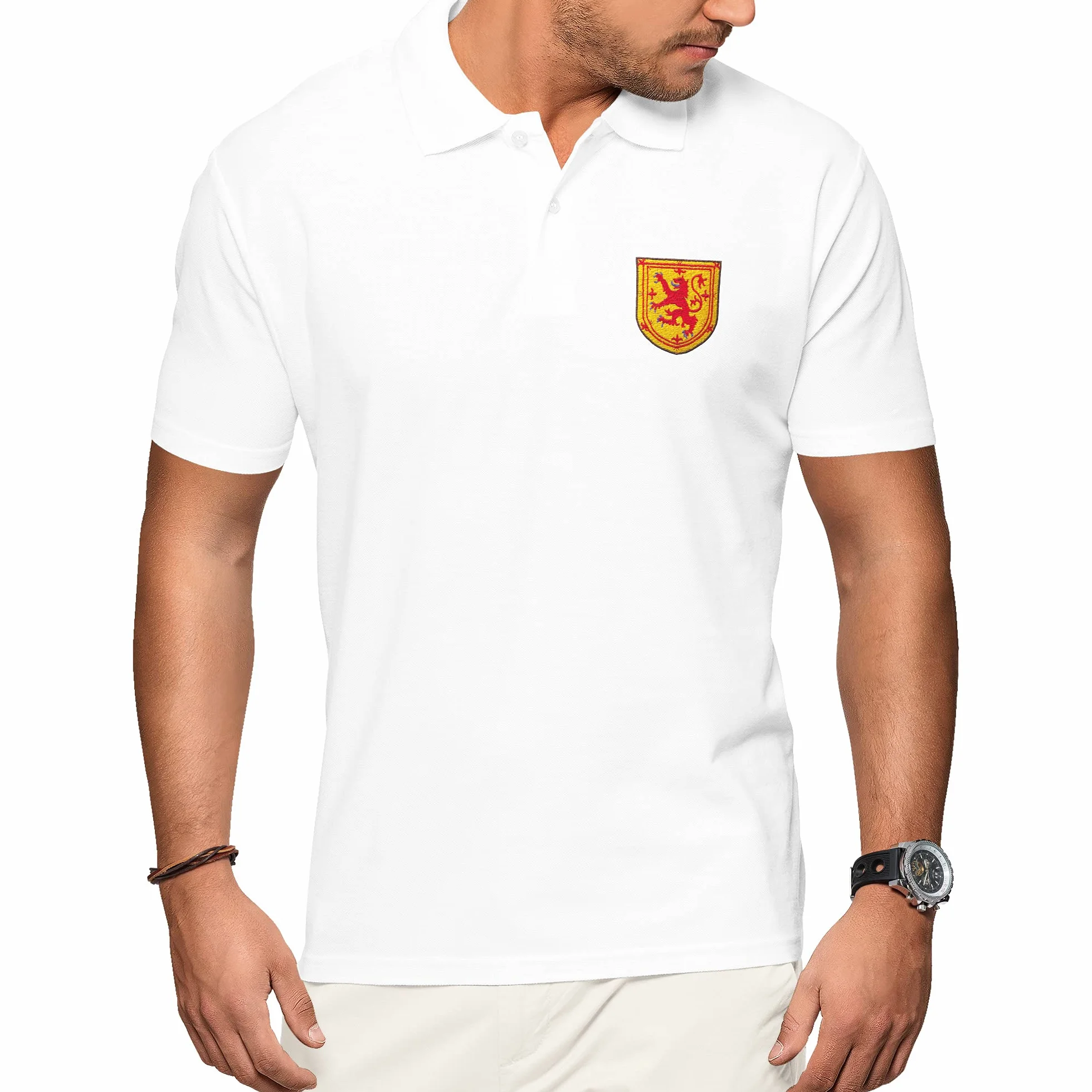 Purple Print House Polo de Escocia para hombre, camiseta de fútbol 2021, retro, para aficionados, rugby, algodón, escudo bordado, insignia del león real