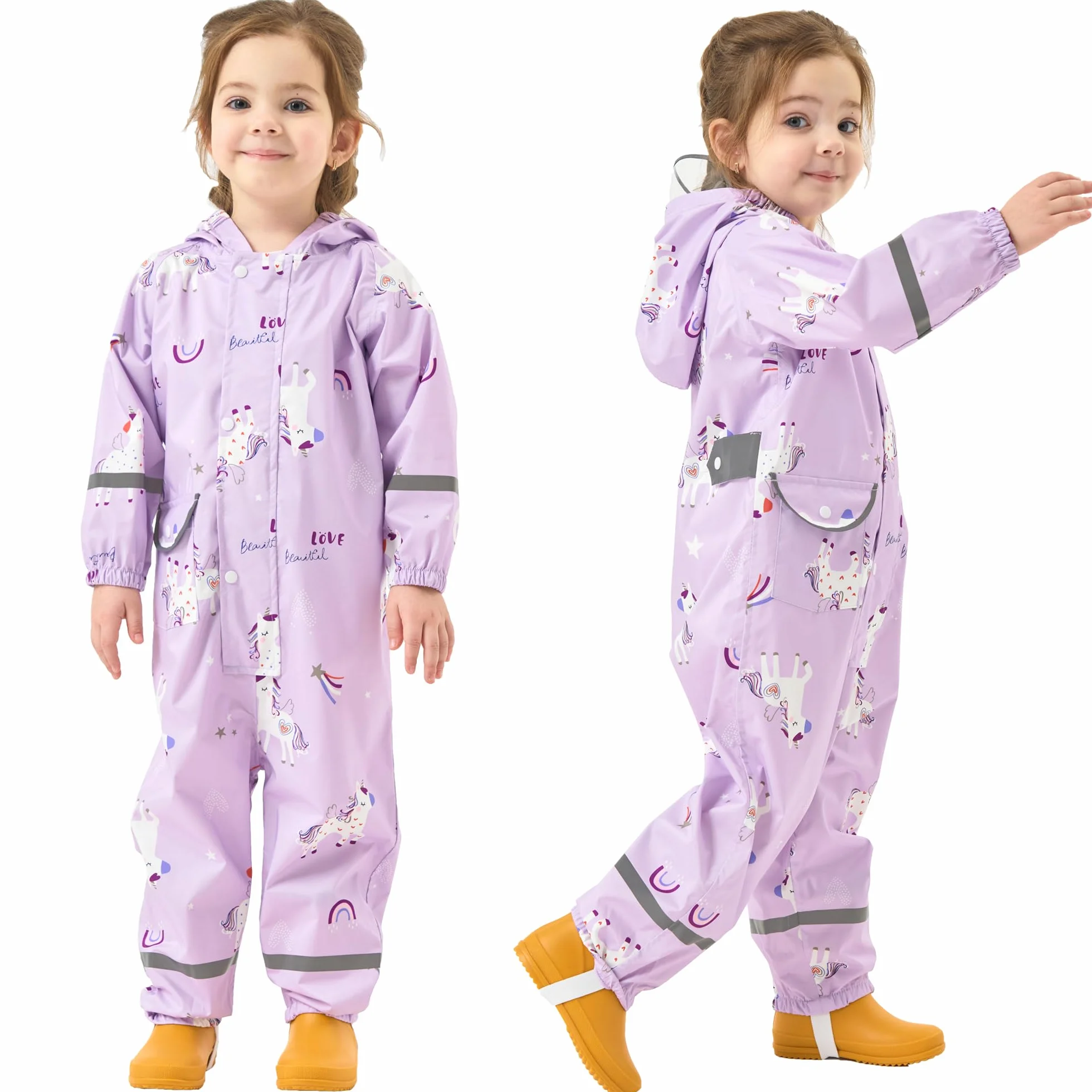 Fewlby Chubasquero Niñas Traje Impermeable, Chaqueta de Lluvia Poncho con Capucha Niños Traje de Lluvia Abrigos Impermeables Reutilizable Mono Impermeable 1-10 Años