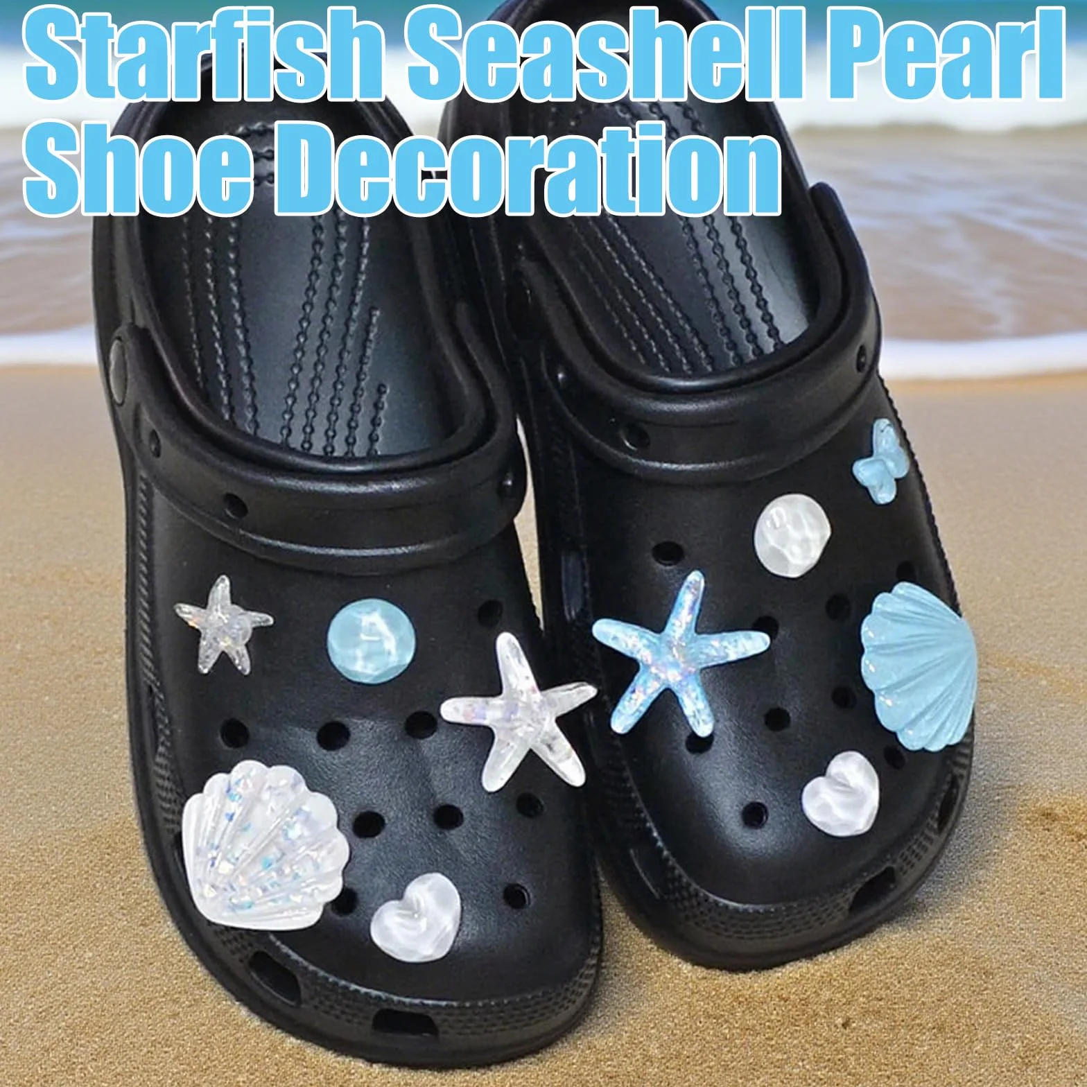 Juego de 9 dijes decorativos para zapatos, bonitos dijes brillantes para sandalias de zuecos, tema de playa de verano con estrella de mar, conchas marinas y perlas
