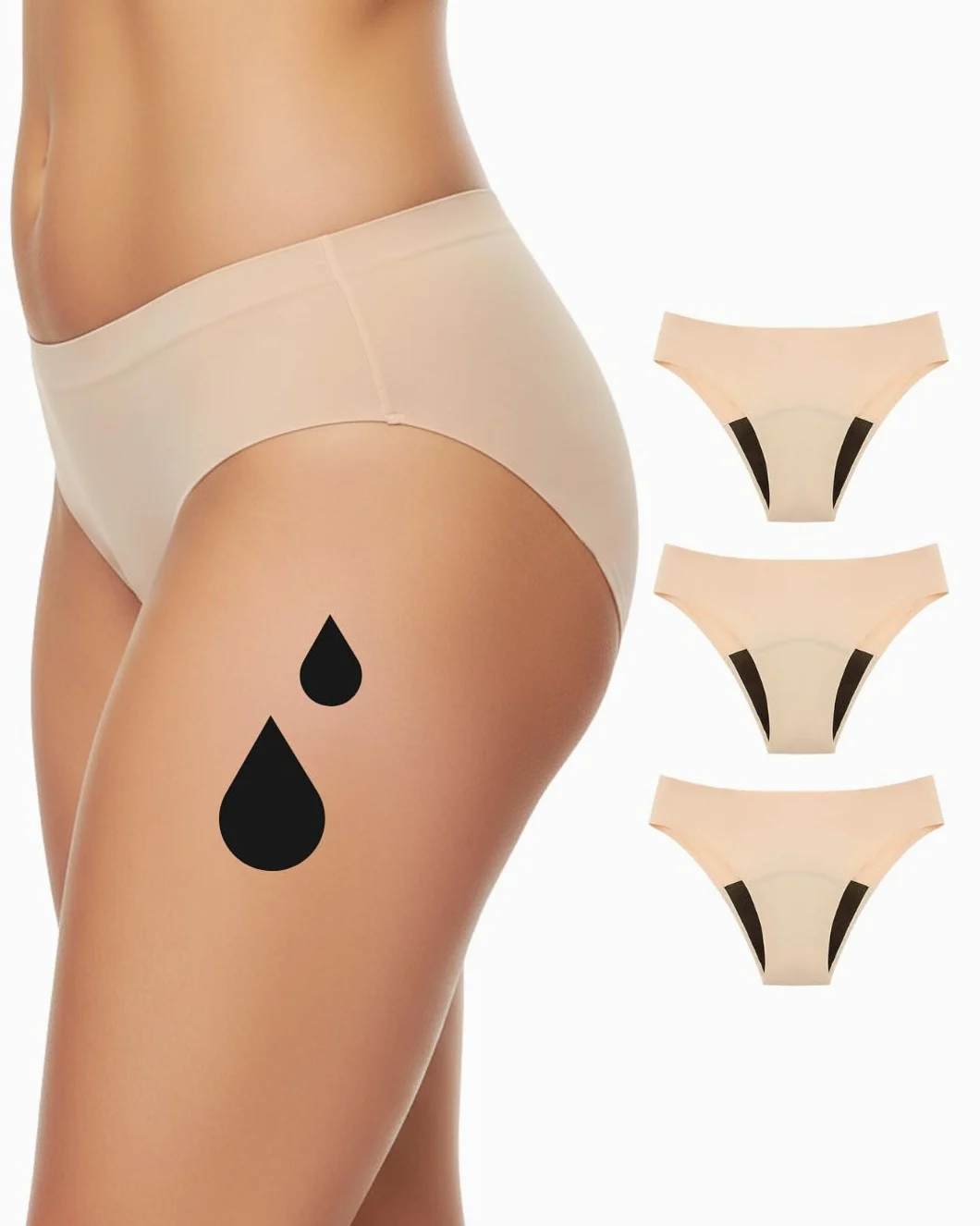 NoBlood - 3 Braguitas Menstruales Invisibles Sin Costuras Beige Color Piel | Sin costuras: bragas beige invisibles, ligeras y absorbentes. Suaves de nylon.