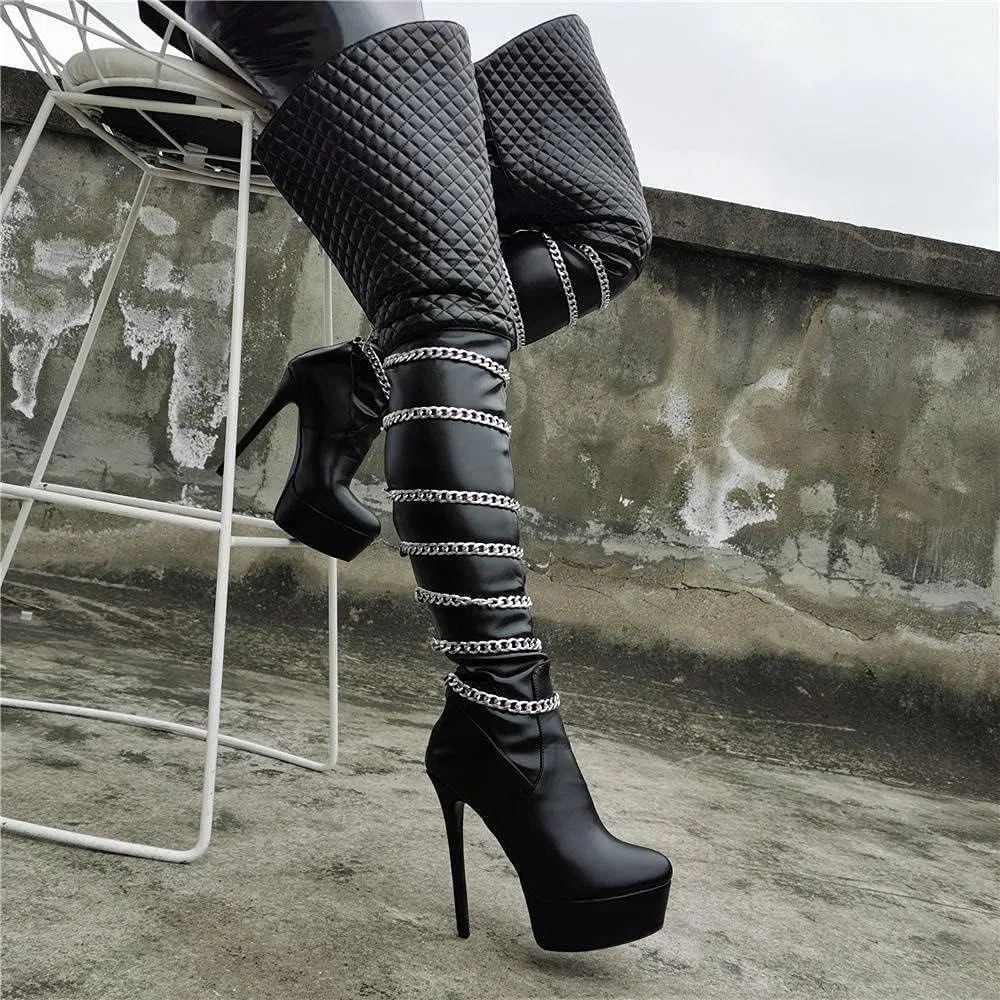 Botas De Tacón De Aguja para Mujer sobre La Rodilla, Botas De Plataforma Altas hasta El Muslo, Largas Y Anchas, Zapatos De Club De Combate Góticos para Mujer,Black-36