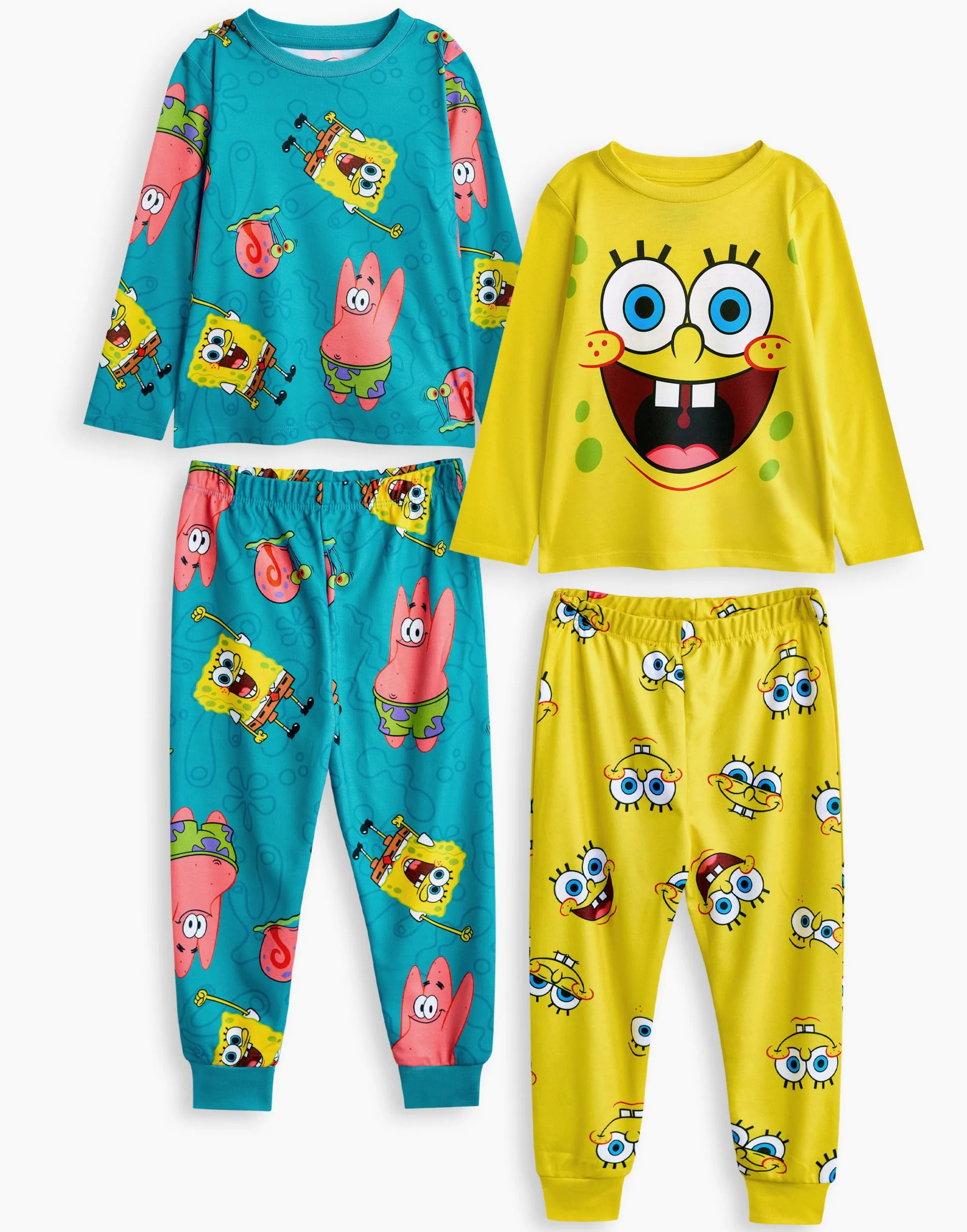 SPONGEBOB SQUAREPANTS Conjunto de Pijama para niños, Paquete de 2 | Camiseta de Manga Larga con gráfico de Personaje en Amarillo y Azul para niño y Pantalones de Pijama de Pernera Larga