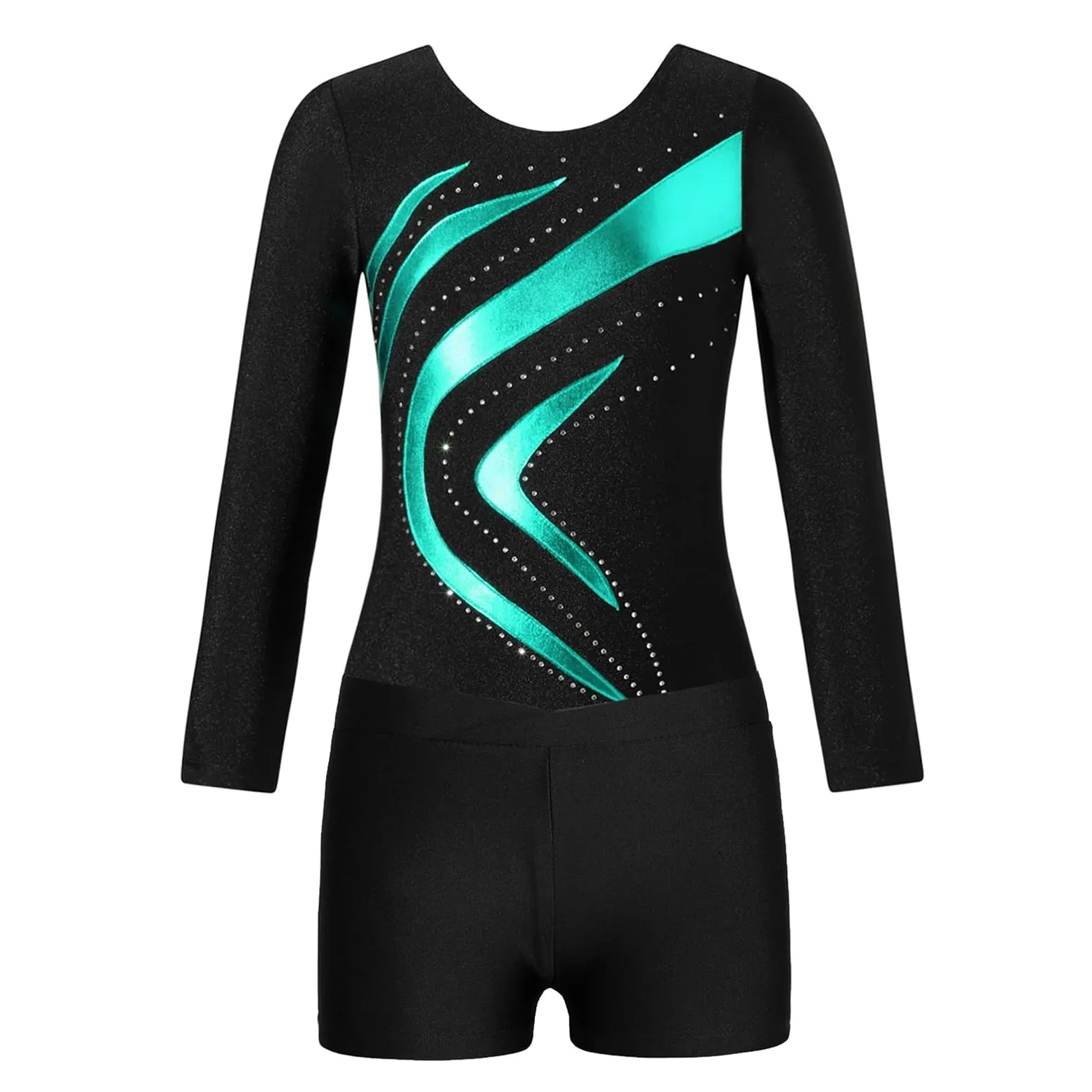 Maillot Gimnasia Ritmica niña Body de Leotardo de Gimnasia de retales for niños, Conjuntos de Ropa de Baile de Manga Larga, Traje de Ballet for niñas, Mono de Patinaje artístico(Blue Green,4)