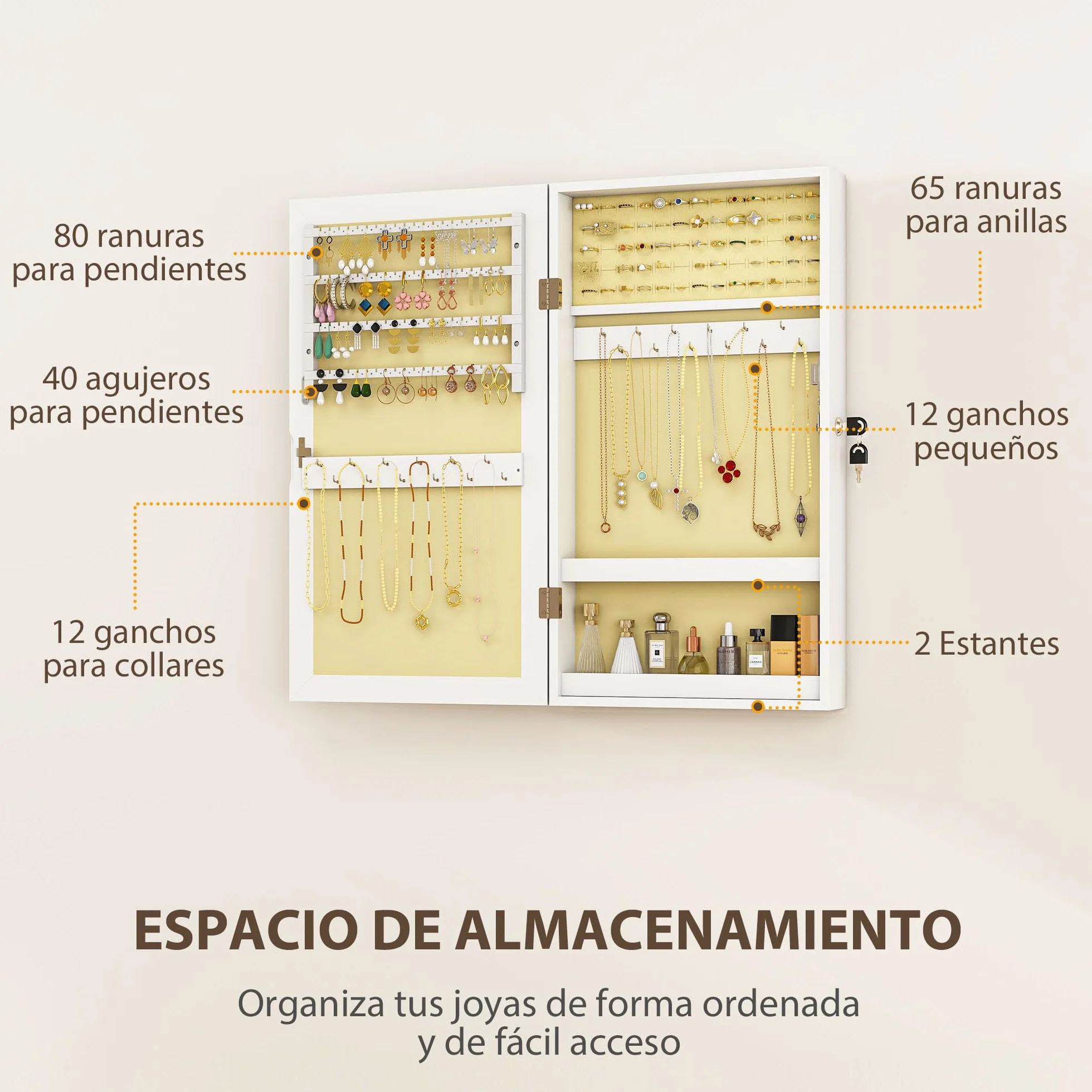 HOMCOM Espejo Joyero de Pared Armario para Joyas con Cerradura y Varios Compartimentos Montar en Pared o Puerta para Pendiente Collar Anillo Pulsera Blanco y Forro Crema