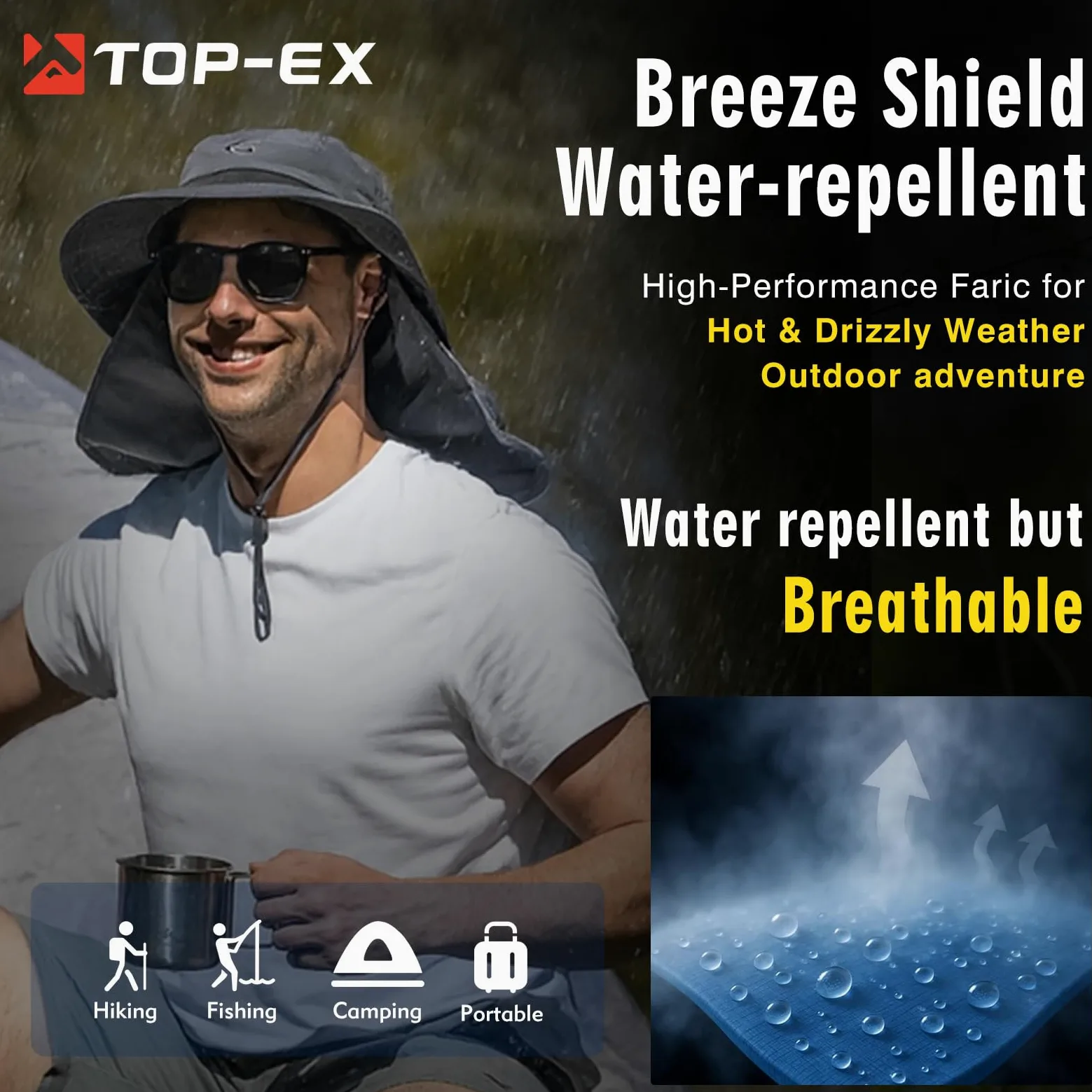 TOP-EX Sombrero de pesca extragrande XL XXL para hombre, con protección UV 50, impermeable, plegable, de malla, con solapa para el cuello, para pesca y senderismo