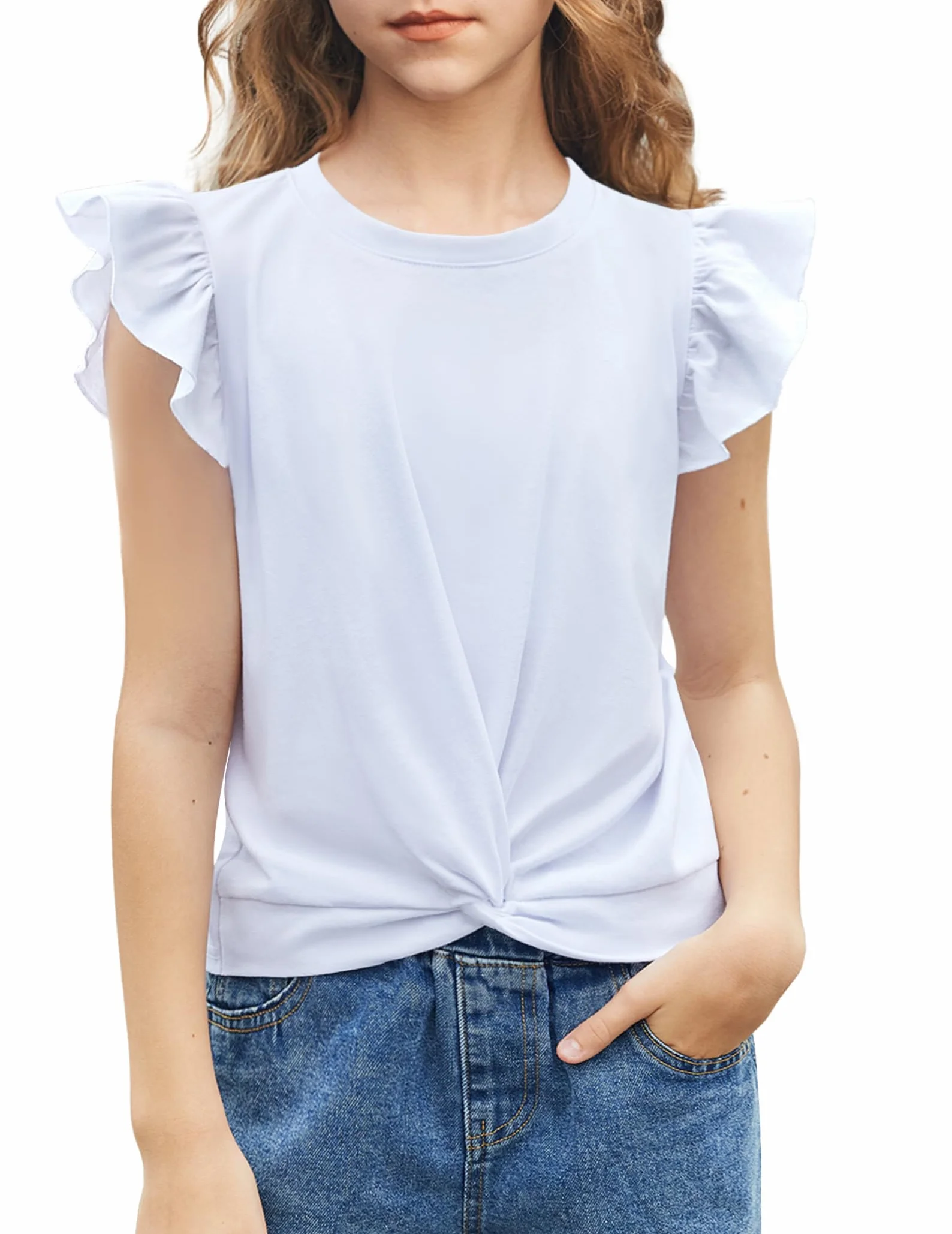 Arshiner niñas 5-12 años Camisa de Manga Corta Twist Front Camiseta para niñas Lindo Vuelo Mangas Verano Blusa para niñas túnica tee Tops