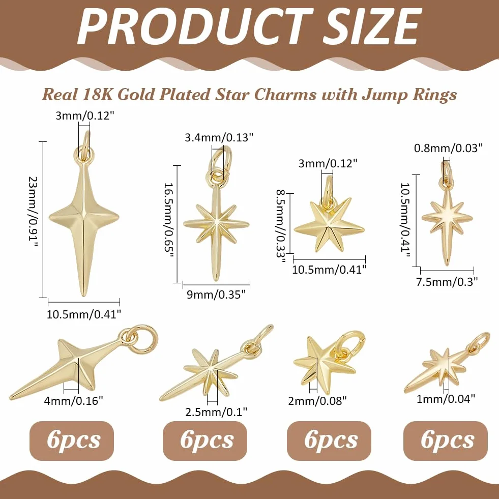 24 colgantes de estrella de latón chapado en oro de 18 quilates, diseño de estrella del norte, 4 estilos, con anillo curvado para la fabricación de joyas, manualidades