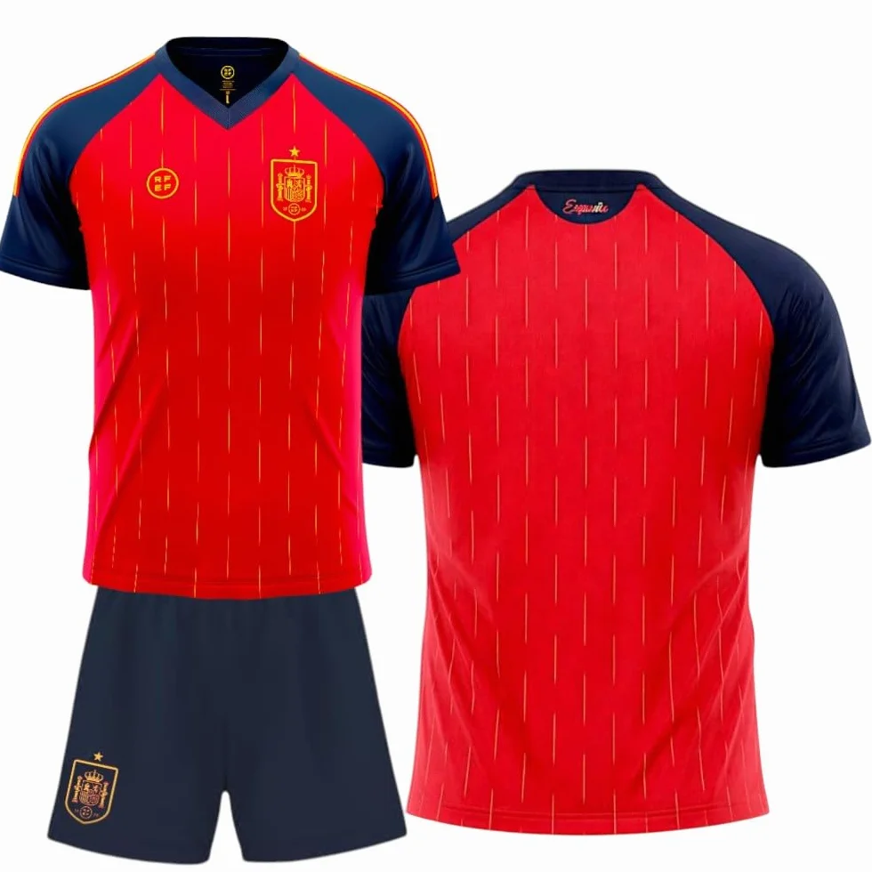 camiseta selección española mundial 2026-2028 replica oficial | Kit niño camiseta y pantalón | Unai Simón 23 | Roja | Equipación fútbol infantil | Cómoda y transpirable