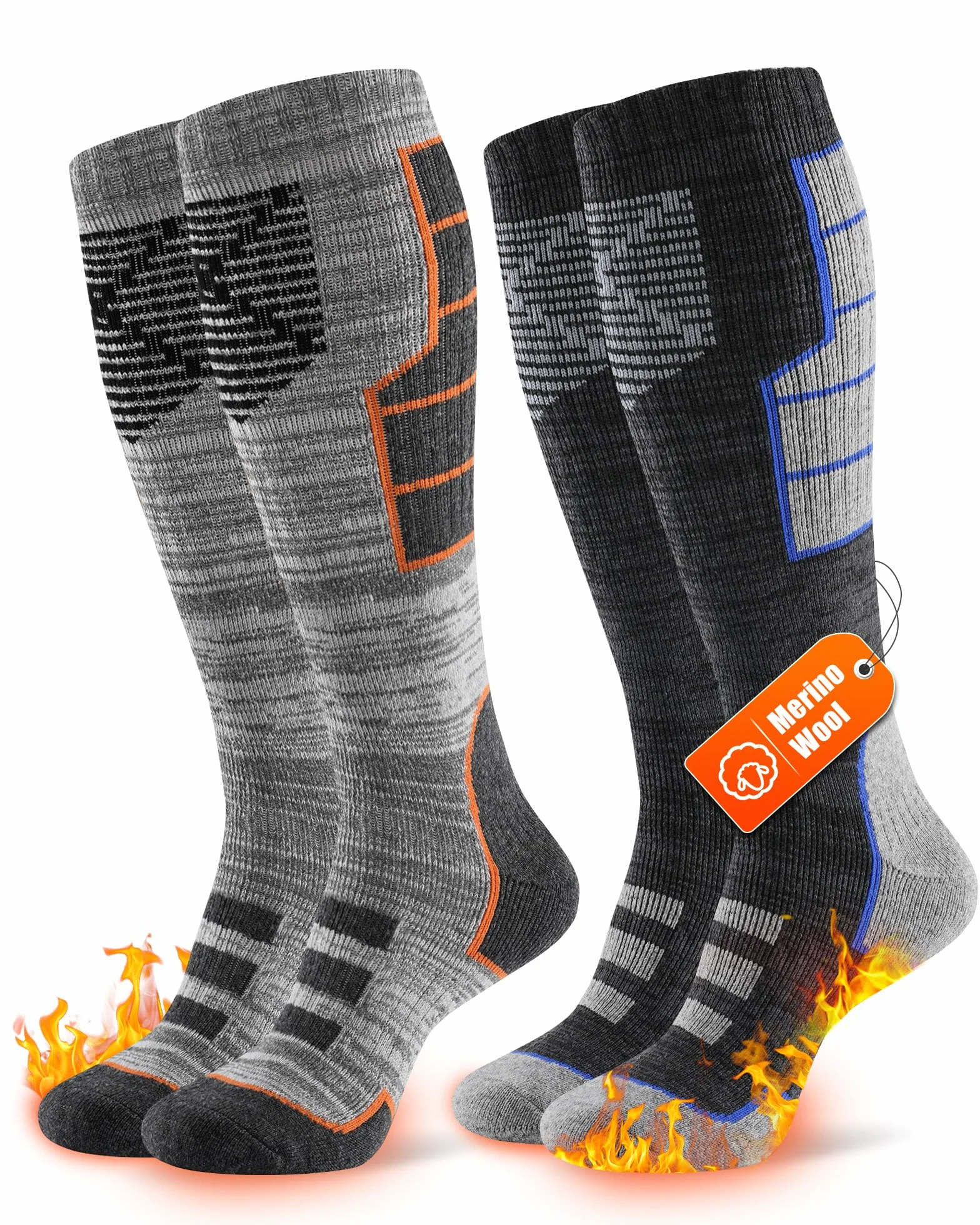 Niofind Calcetines de esquí de merino para hombre y mujer, 2 pares, de rizo completo, calcetines térmicos, calcetines cálidos de invierno, calcetines de esquí que absorben la humedad para clima frío