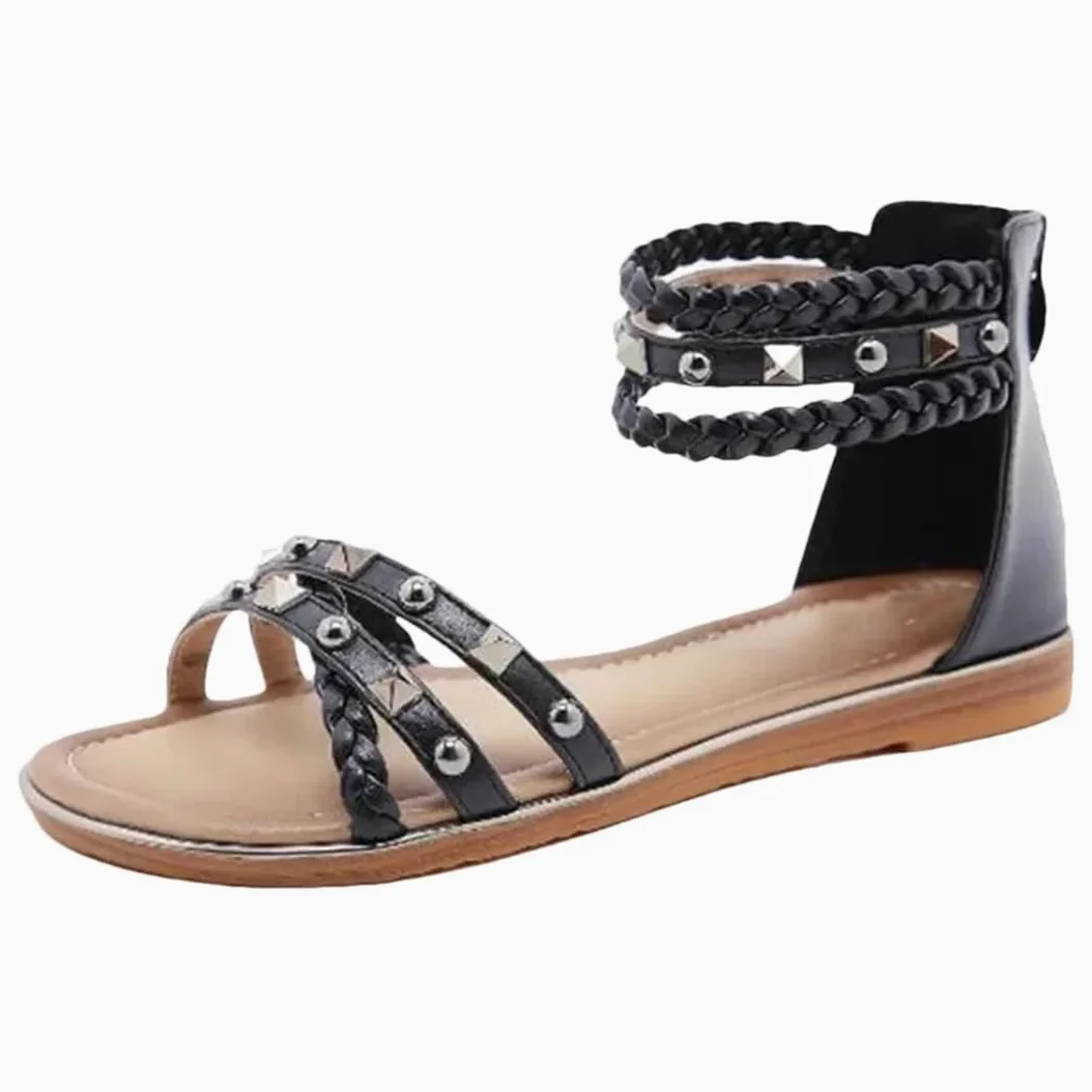 Sandalias étnicas con banda elástica para mujer, con correa de tobillo, tacón plano, con parte lateral abierta, estilo étnico, con remache superior, tejidas, retro, romanas, informales, de verano