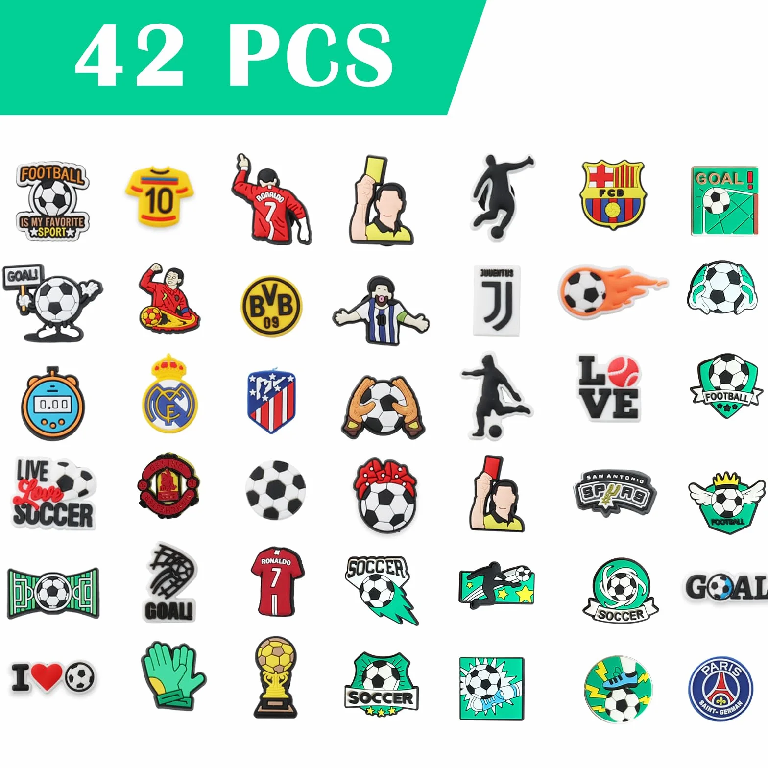 42 Colgantes para Zuecos Fútbol PVC Desmontable para Crocs Accesorios Decorativos Zapatos