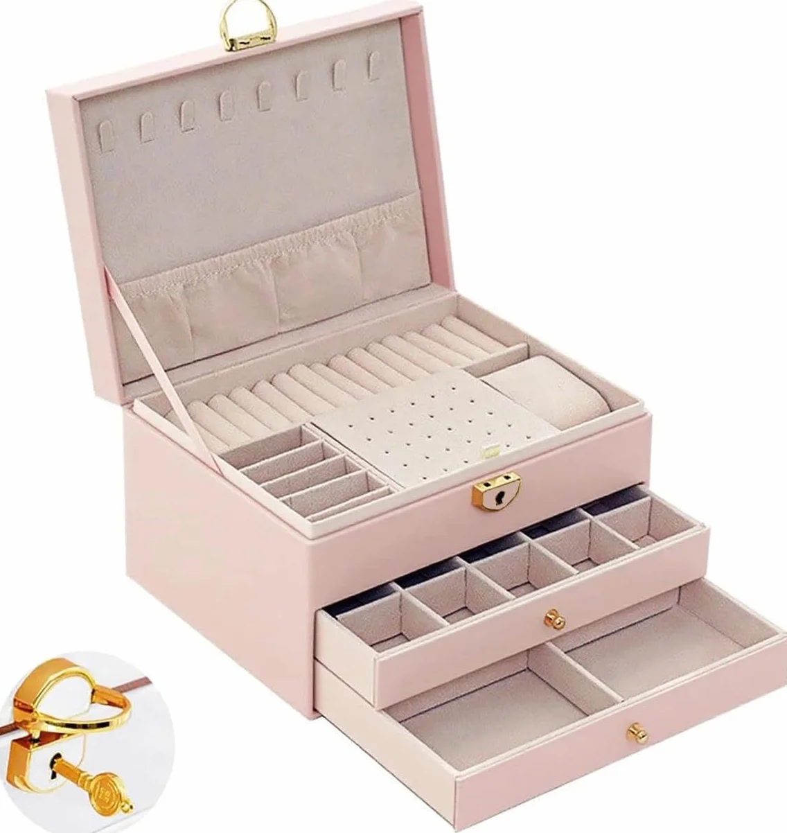 Joyero de 3 niveles, apilable, 2 cajones, caja de almacenamiento con compartimentos, con cerradura y llave, para pendientes, anillos, pulseras, collares (rosa)