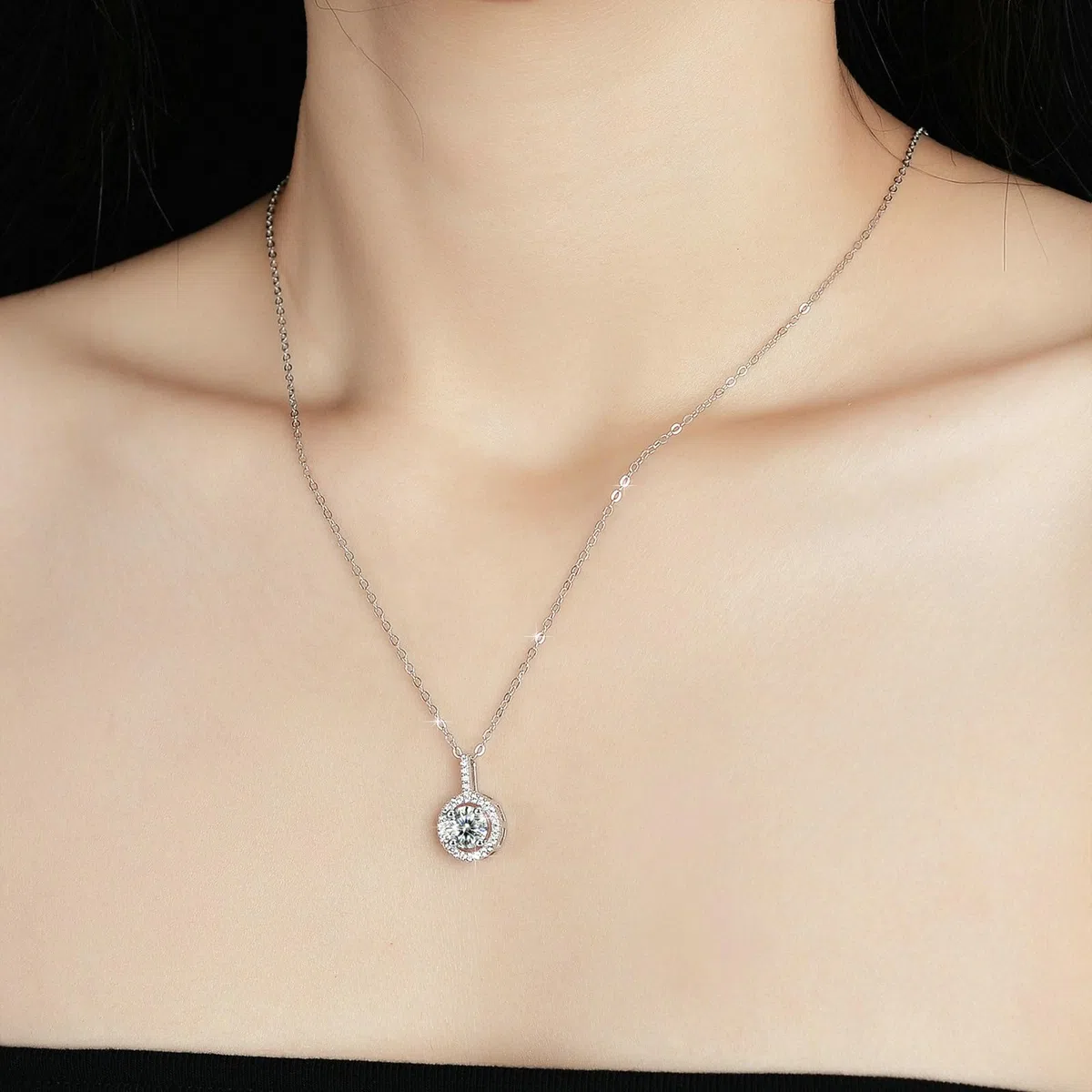 Collar para mujer de oro blanco 750 585 375 de oro auténtico, cadena colgante redondo con 1 ct de 6,5 mm de moissanita y diamante para mujer