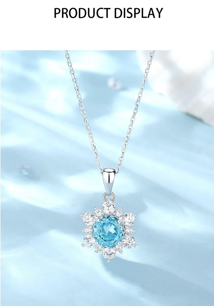 Collar de oro blanco de 9 K/14 K/18 K con rubí rojo de laboratorio, colgante de flores, 45 cm, Oro blanco 375 de 9 quilates, Moissanita Laboratorio Creado Aguamarina Moissanite