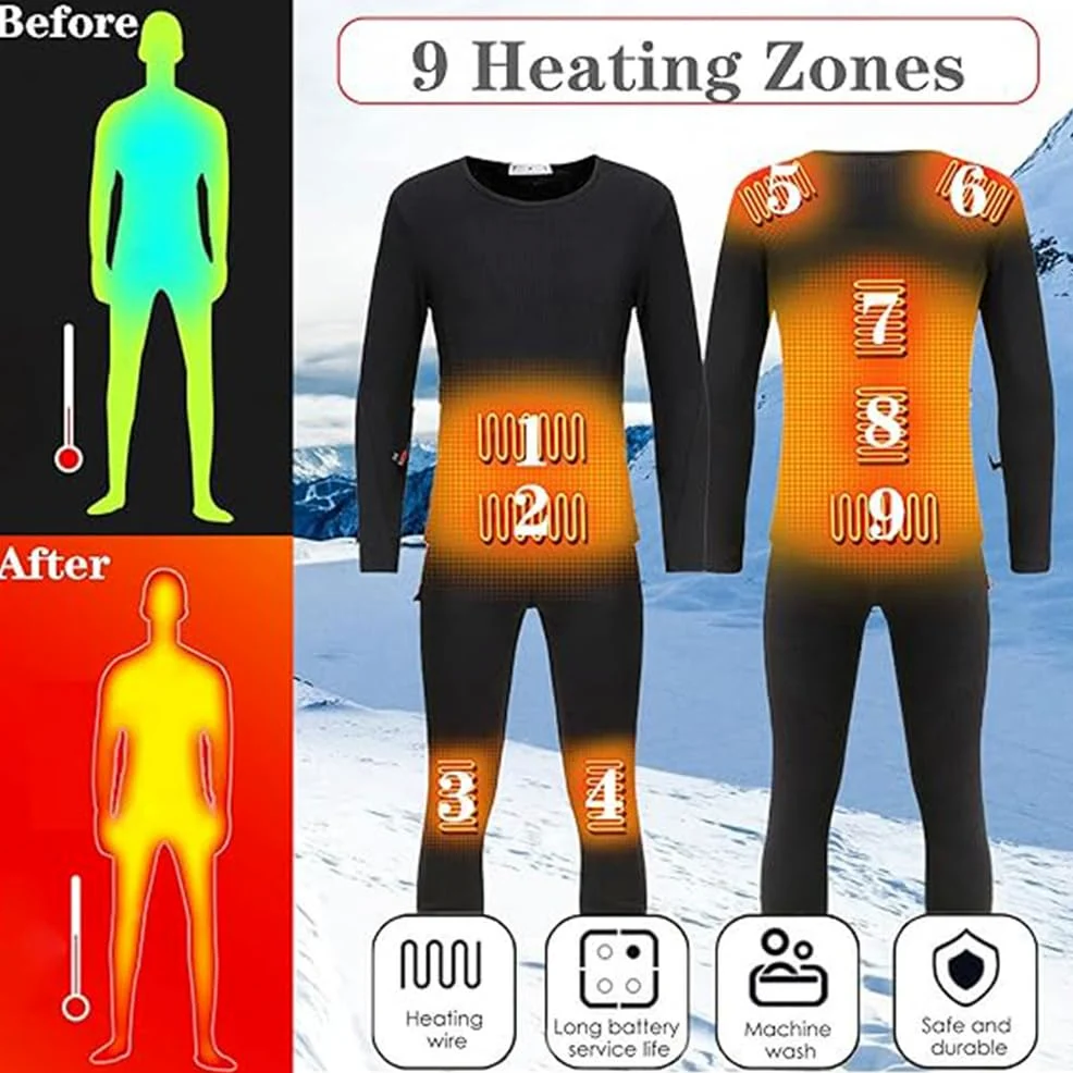 Conjunto de Ropa Interior Térmica Calefactable USB para Hombre y Mujer, Incluye Pantalón y Camiseta Térmica con 9 Zonas de Calefacción y Forro Polar,Gris,M