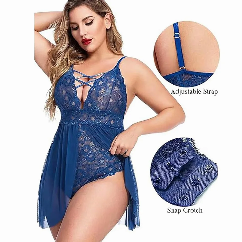 XHYRHTS Babydoll de lencería Sexy de Talla Grande para Mujer, camisón de Encaje, Ropa Interior de negligé, Ropa de Dormir de una Pieza, camisón para Mujer