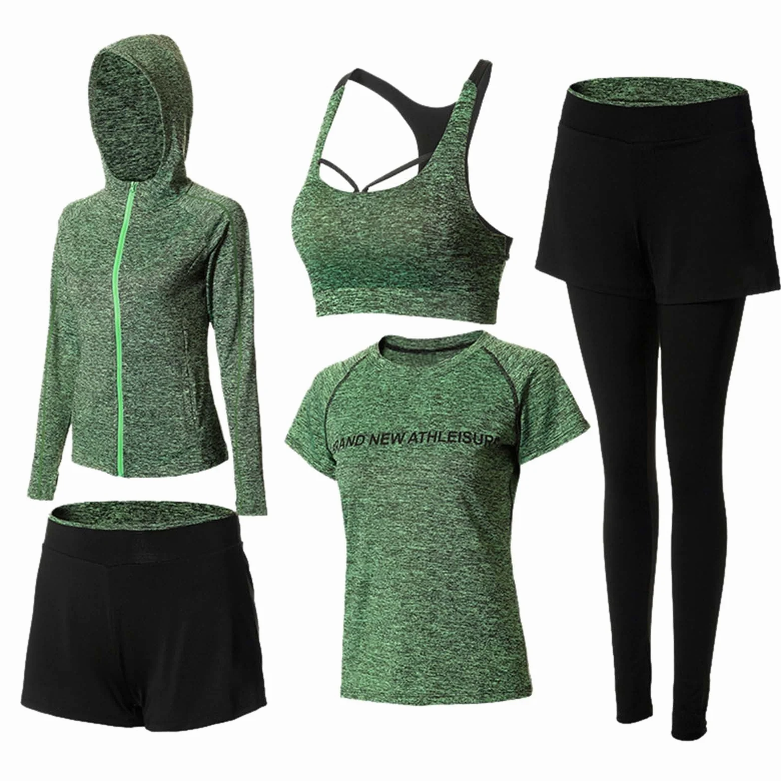 Chándal para mujer, ropa de yoga, traje de 5 unidades, ropa deportiva, traje de jogging, gimnasio, fitness, ropa de correr, ropa deportiva, ropa deportiva, traje de yoga