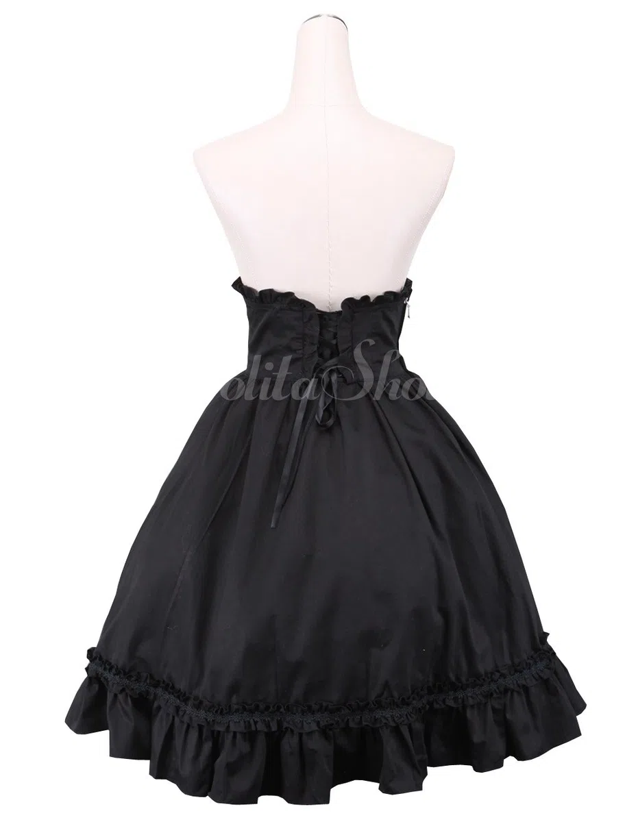 antaina Negra Alta Cintura Retro Gotica Reina Volantes Encaje Lolita Longitud de la Rodilla Midi Plisada Falda