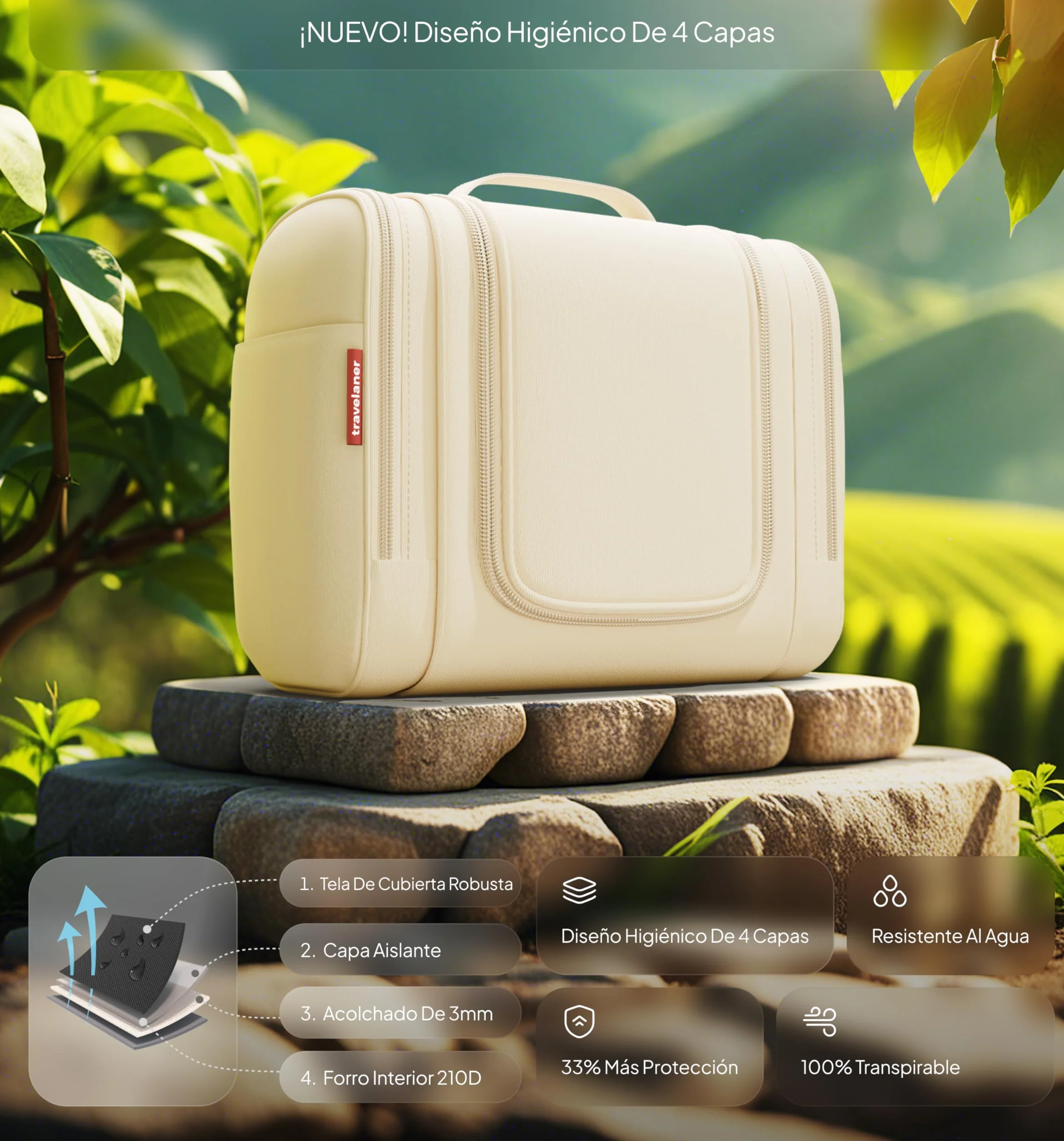 Travelaner® Neceser Hombre y Mujer Design 2026, XXL 3-en-1 Neceser de Viaje Colgante 9L, Gran Bolsa de Aseo Impermeable, Bolsa de Maquillaje, Beige Crema
