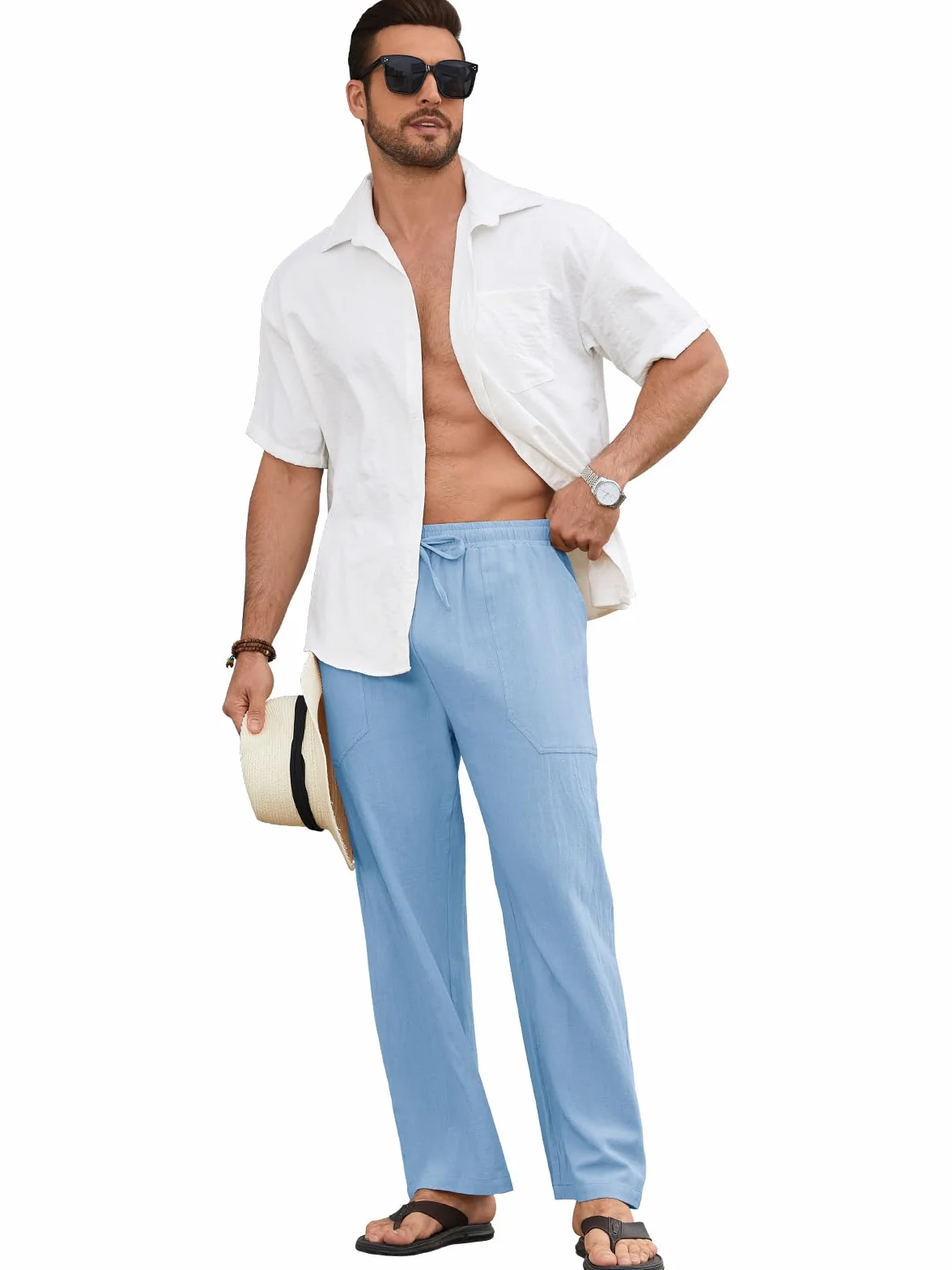 Pantalón Lino Hombre Verano de Mezcla Algodón y Lino Ligero Transpirable con Cintura Elástica Cordon y Bolsillos Pantalones de Lino Hombre Corte Largo
