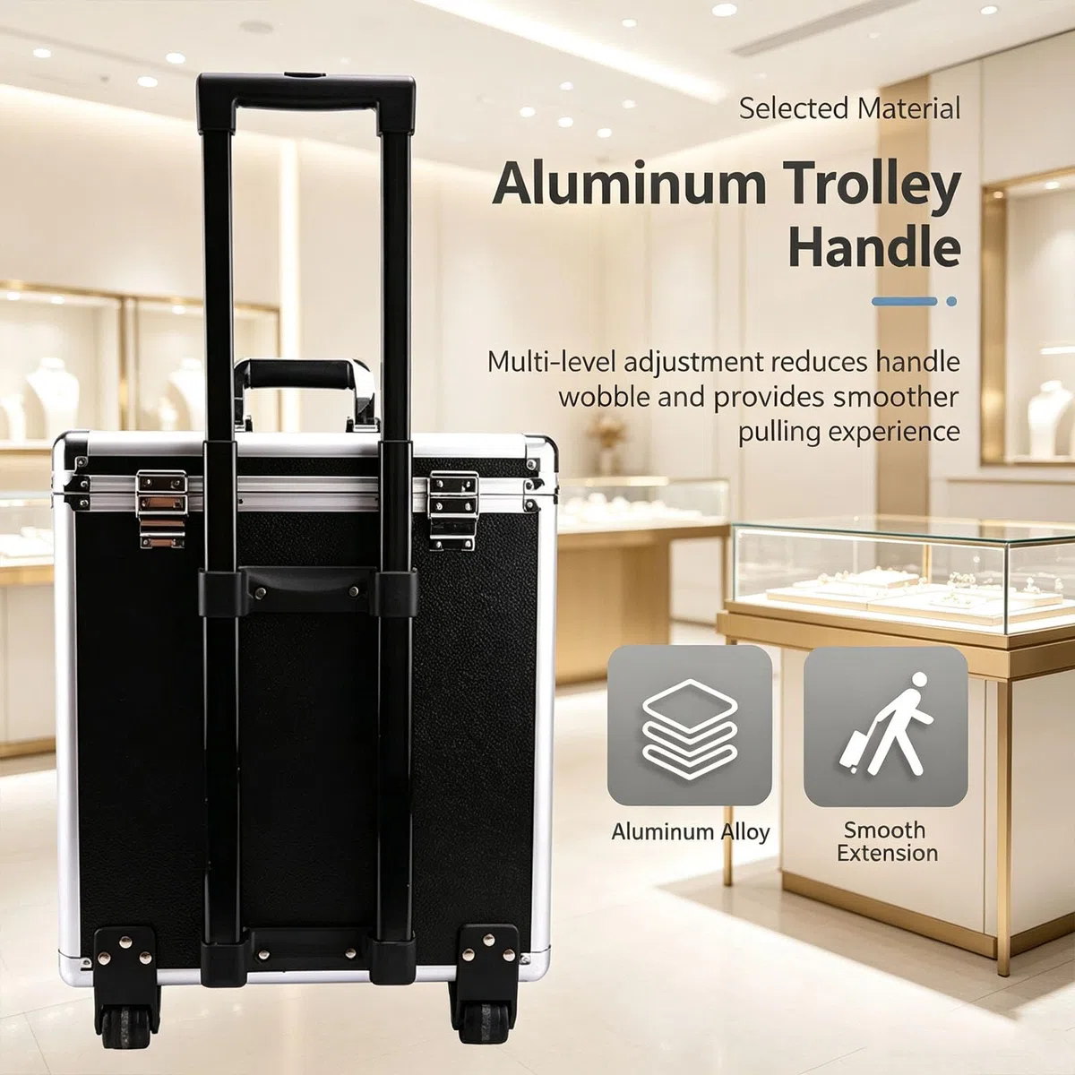 Maletín con Ruedas para Joyería, Organizador De Exhibición De Conjuntos De Joyas con 10 Bandejas Extraíbles, Diseño De Gran Capacidad, Ajuste De Altura Multinivel, para Viajes Y Ferias De