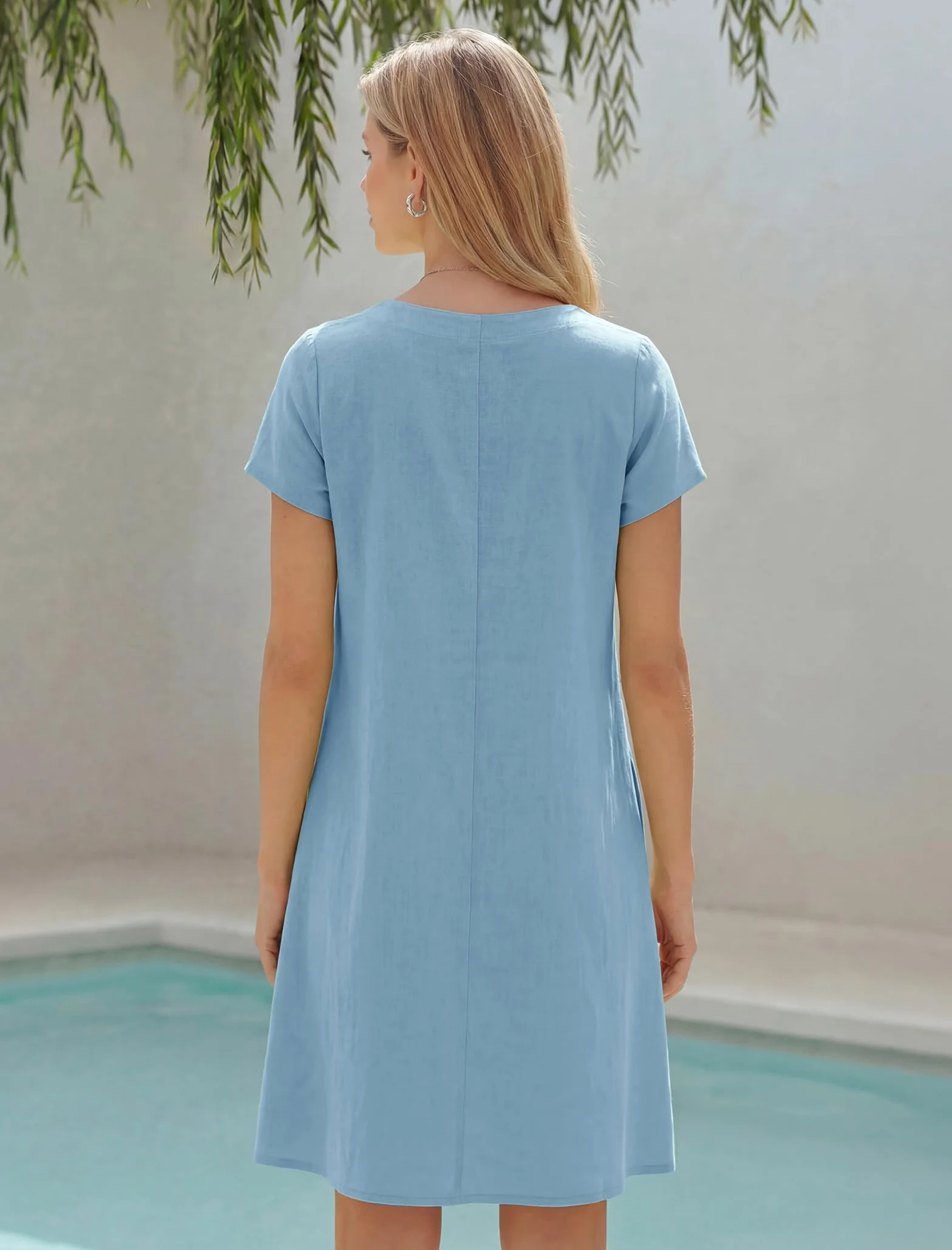 Vestido Lino Mujer Manga Corta Cuello V Midi Playa Bolsillos