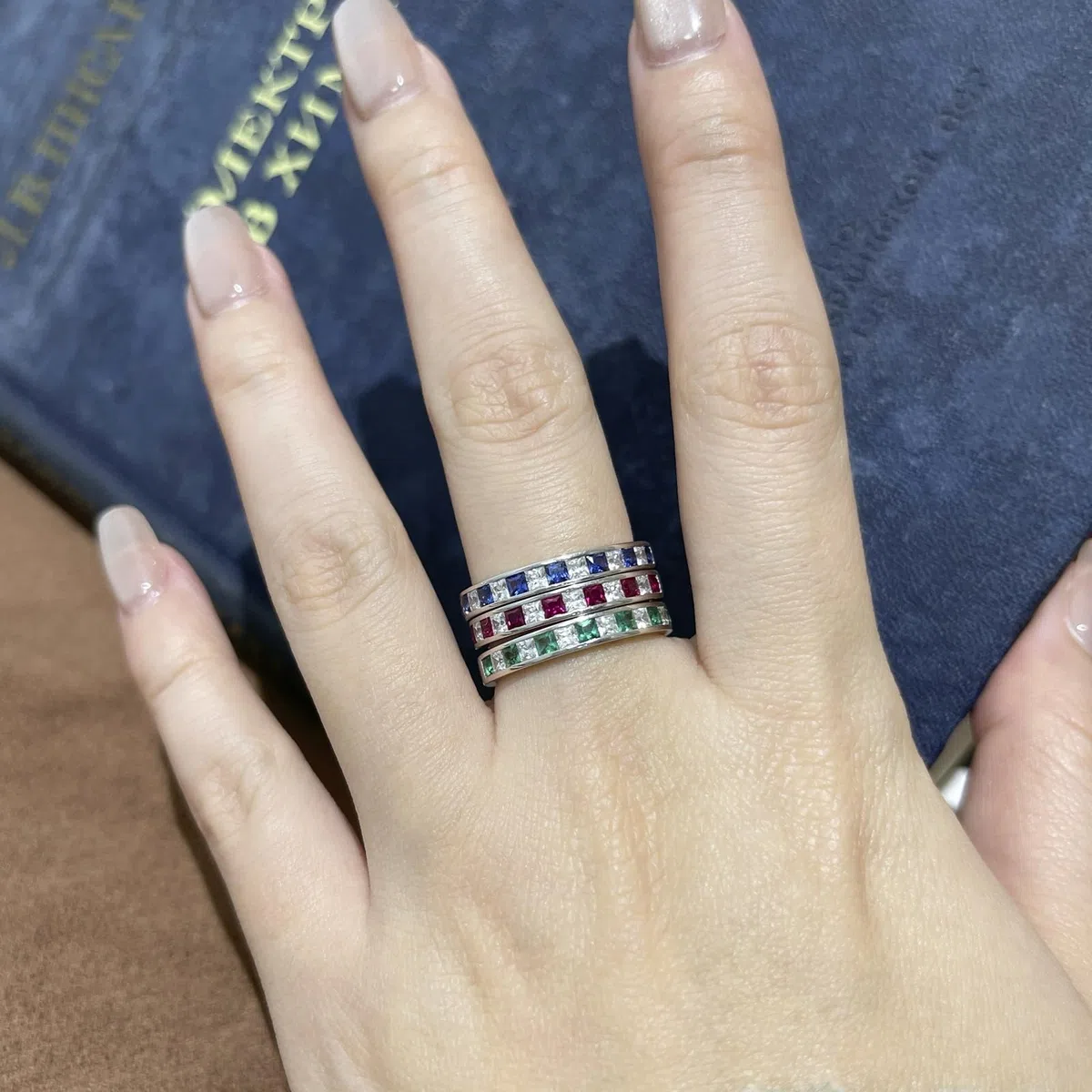 Anillo de boda de oro blanco, media eternidad, piedras preciosas, anillos de boda de oro real para mujer