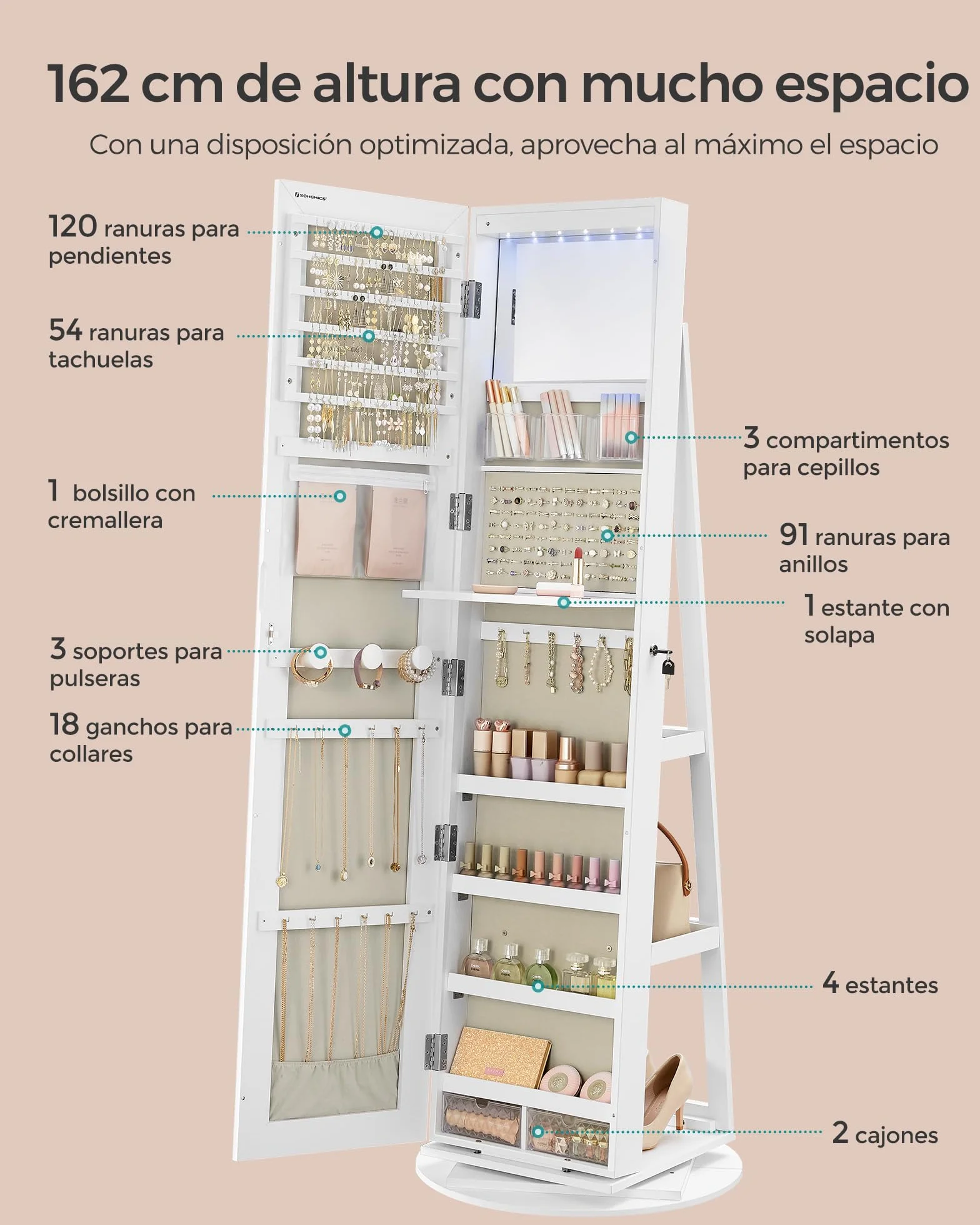 SONGMICS Espejo Joyero con 6 LEDs, Armario de Joyas de Giro de 360°, Organizador de Joyería Giratorio, sin Marco, Espejo Completo, 3 Estantes, Superficie Blanco, Forro Greige JJC007W02